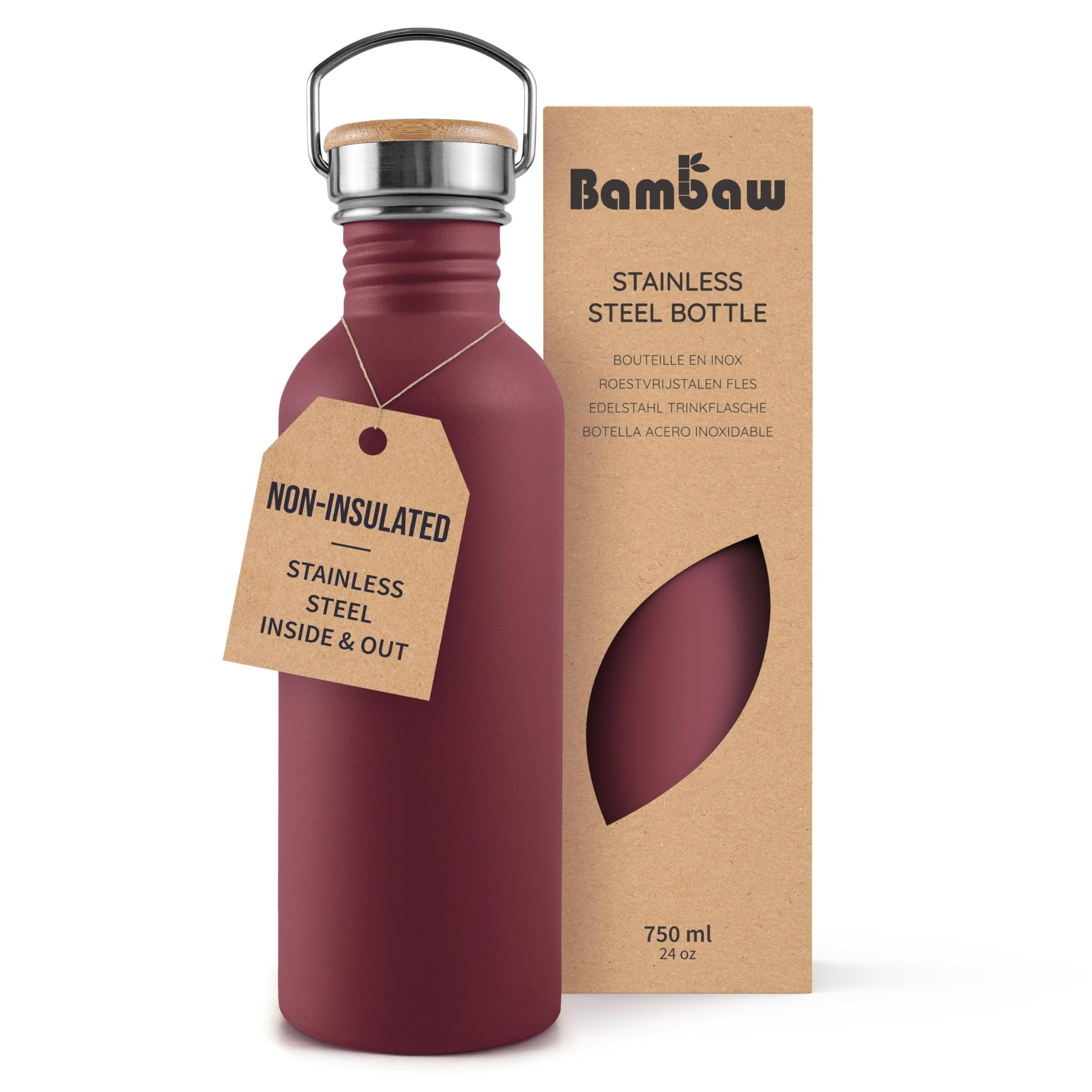 Bambaw Red Berry Stainless Steel Water Bottle 750Ml, Red Non-Insulated Water Bottle, Metal Water Bottle, Leak Proof And Reusable –