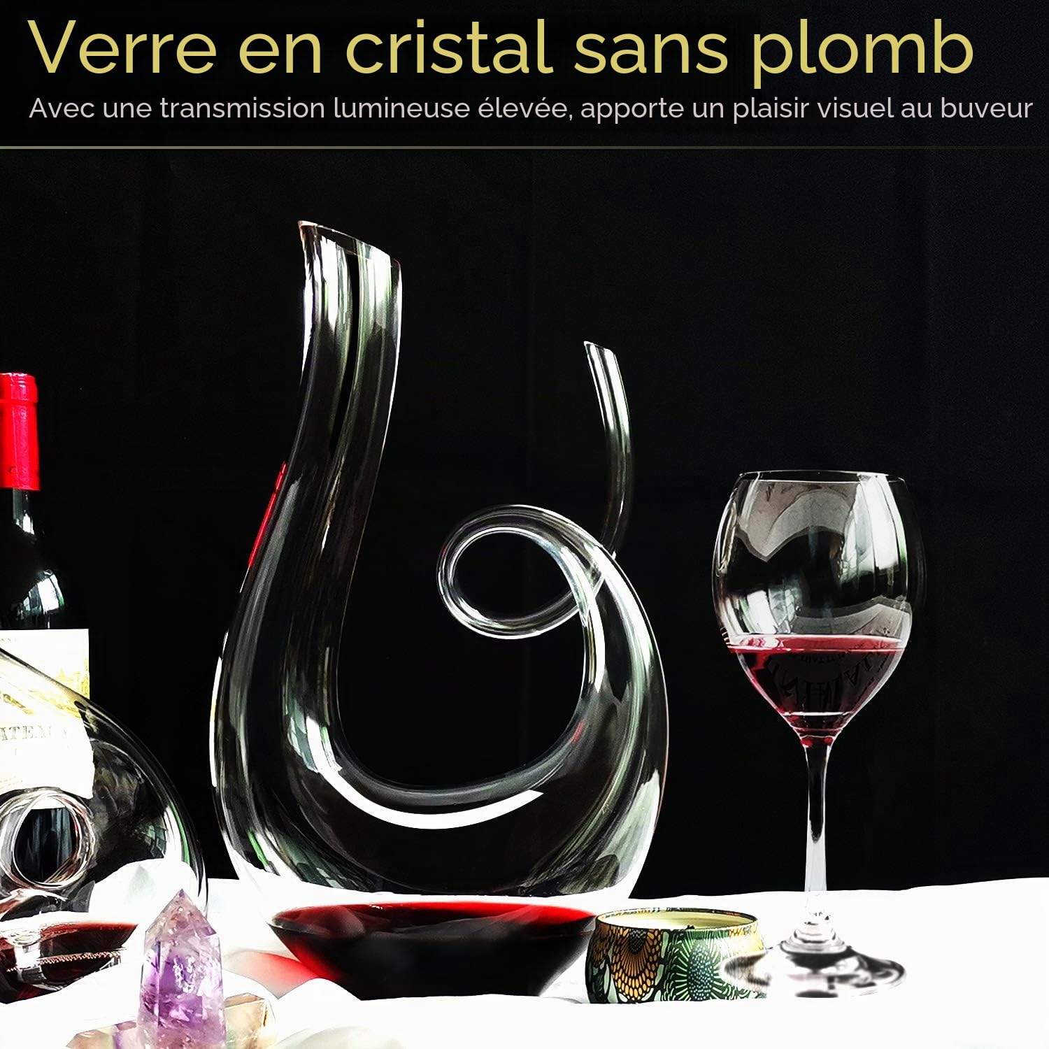 Carafe à Vin de Nutriups Carafes en Verre Cristal 1.7L Aérateur de Vin Rouge Carafe à Reniflard à Vin Soufflé à la Main Avec Brosse de Nettoyage