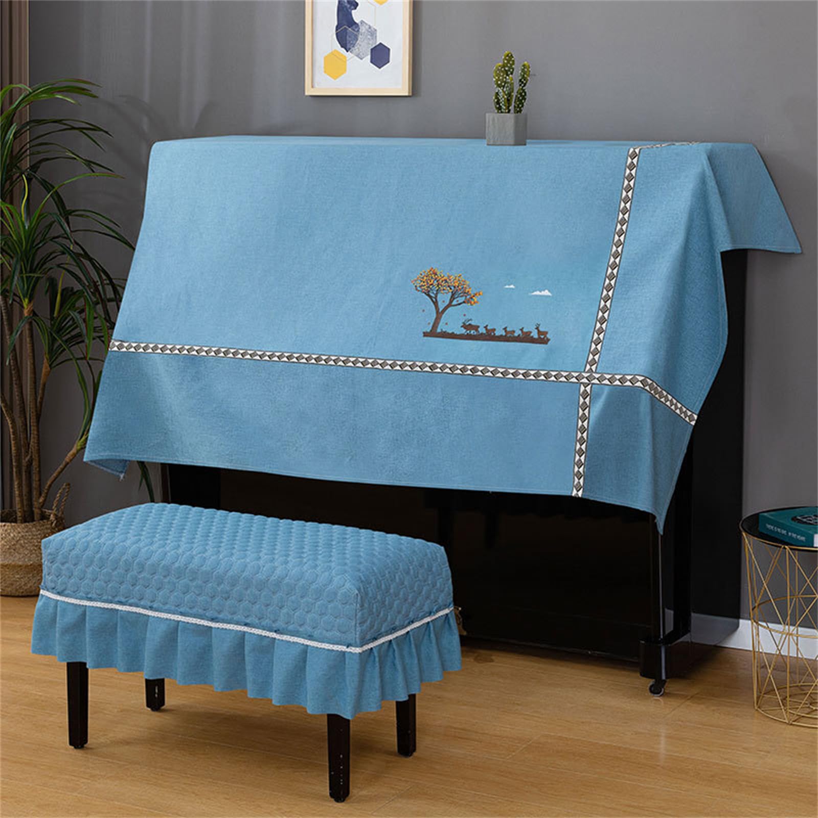 SUNMME Piano Dust Cover Cloth With Stool Universal Upright Protective Half Print Decorative For Piano/e/single (e Double Stool)