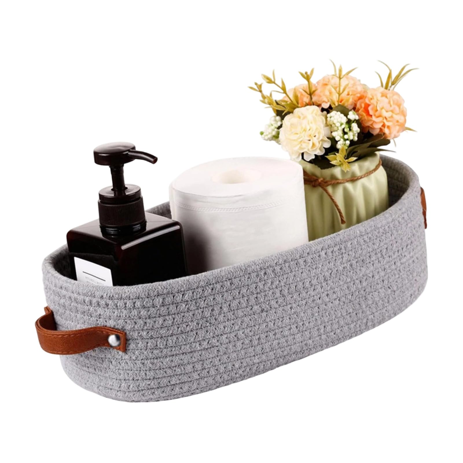 PANGBOER Stylish Oval Shape Handwoven Cotton Rope Basket with Soft Leather Handles for Clothes Toy Storage Cotton Rope Storage Basket with Leather Handle
