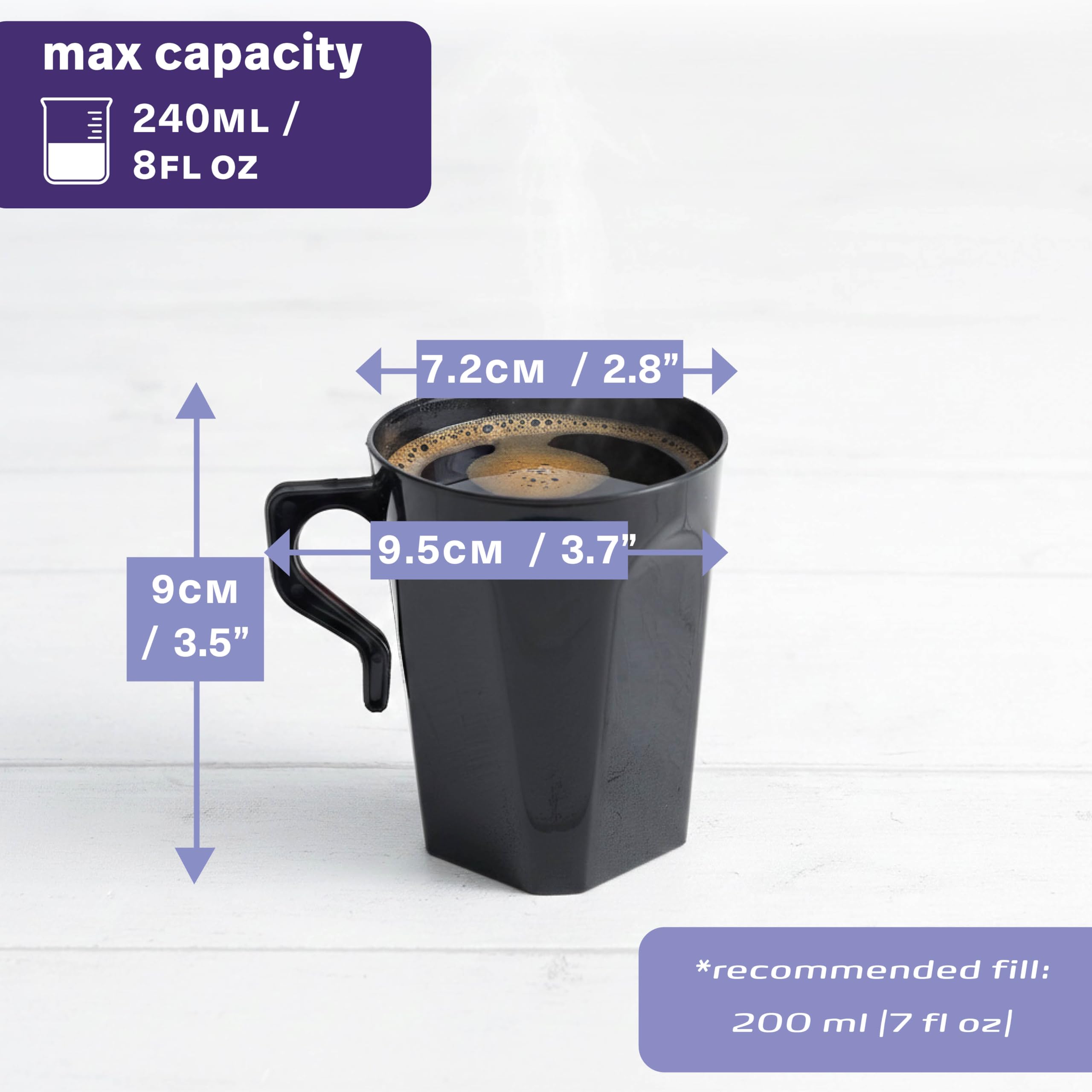 Matana 50 Tazze da Caffè Nera in Plastica Rigida, 240ml - Caffè, Tè, Cioccolata, Bevande Calde e Fredde - Resistenti e Riutilizzabili - Campeggio, Matrimoni, Picnic, Barbecue, Feste, Nero