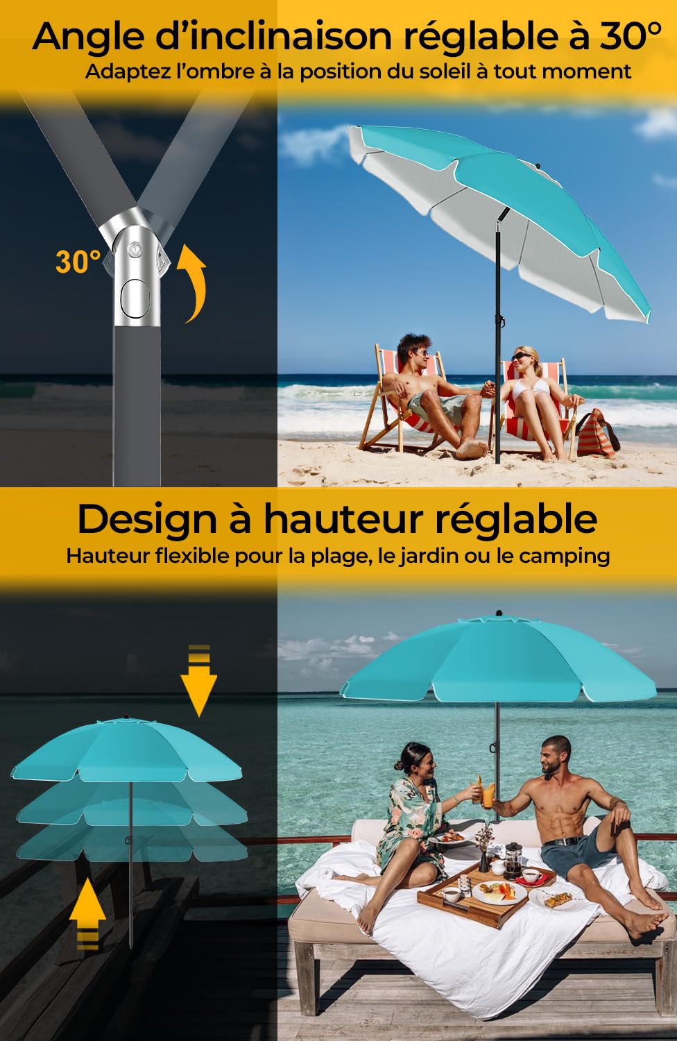 HOMEDEMO Parasol Plage Inclinable avec Revêtement Argenté, UV50+, avec Pieds de Parasol de Plage à hélice à Visser & Housse de Protection, pour Terrasse, Piscine, Marché, 200cm, Turquoise