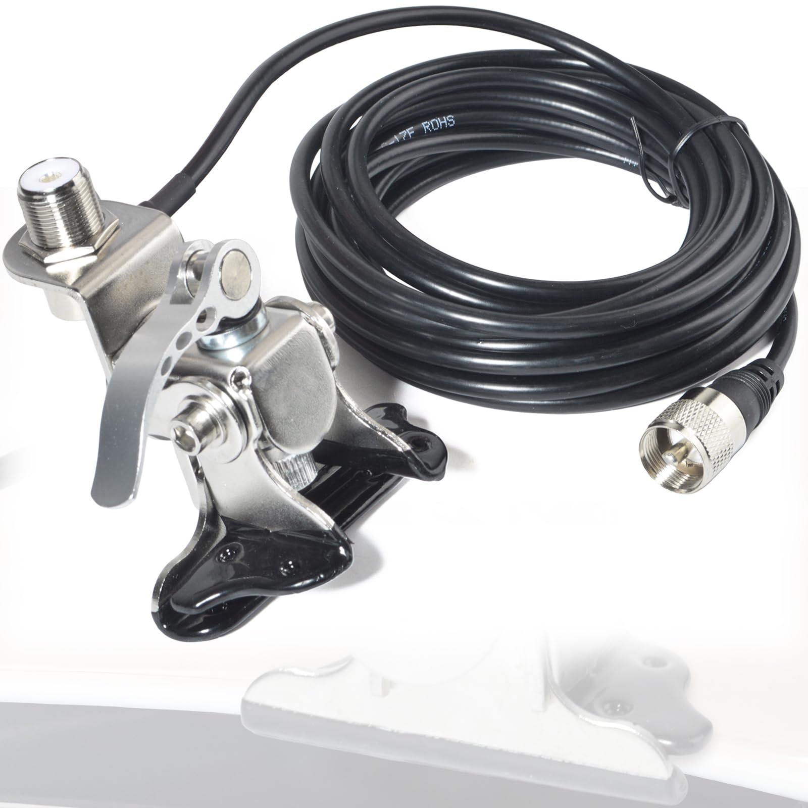 HYS Supporto per antenna per auto in acciaio inox per montaggio a clip per bagagliaio con staffa di montaggio a berlina angolare regolabile con connettore SO239 a PL-259, 16,4 Ft di RG-58 cavo