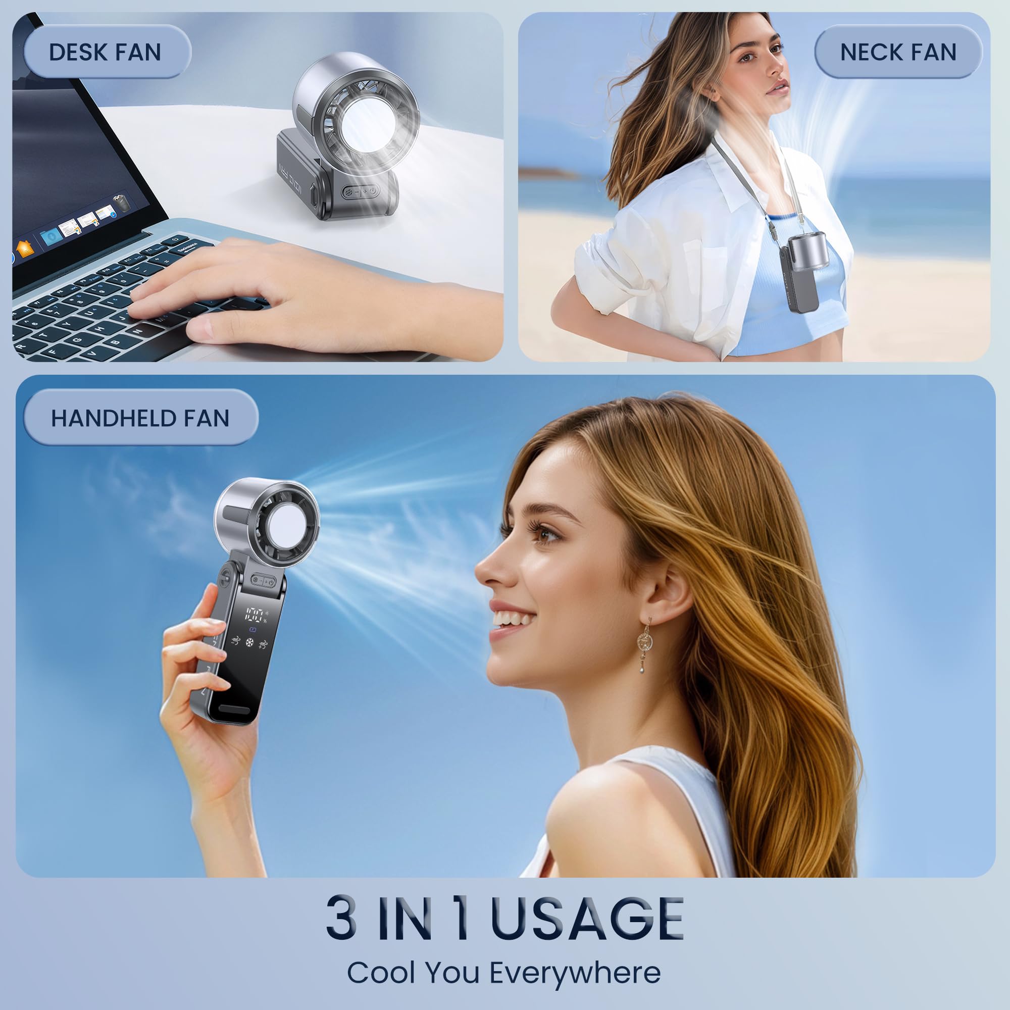 Ventilador portátil 3 en 1 con enfriador de hielo, ventilador de mano de alta velocidad, recargable por USB, mini personal con 12 horas de tiempo de enfriamiento máximo, funciona con pilas