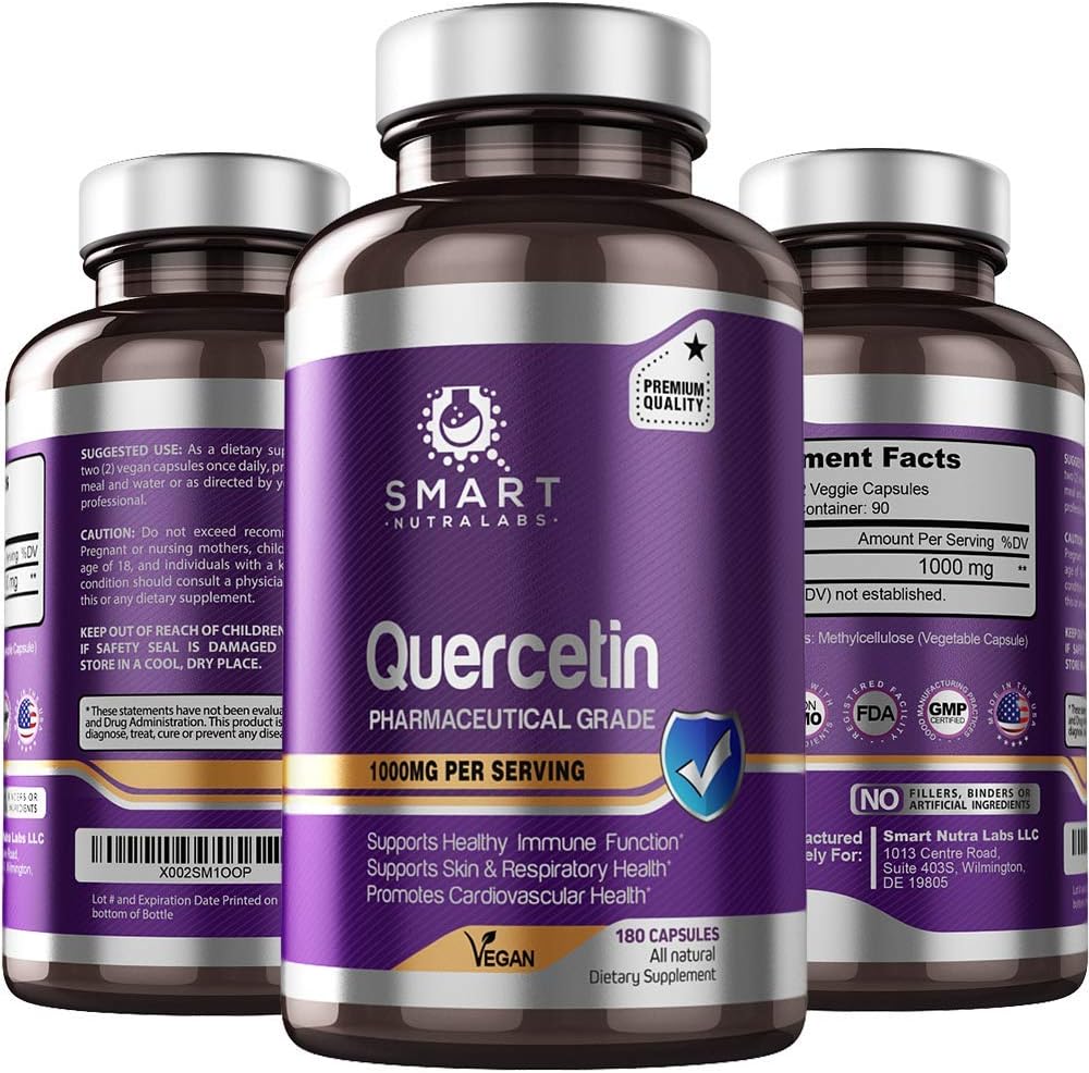 Quercetin 1000mg- 180 Vegan Capsules, 100% Pure Pharmaceutical Grade Quercetin Supplement- Supports Healthy Immune System, Cardiovascular Health, Anti-Inflammatory & Antioxidant Support : Health & Household