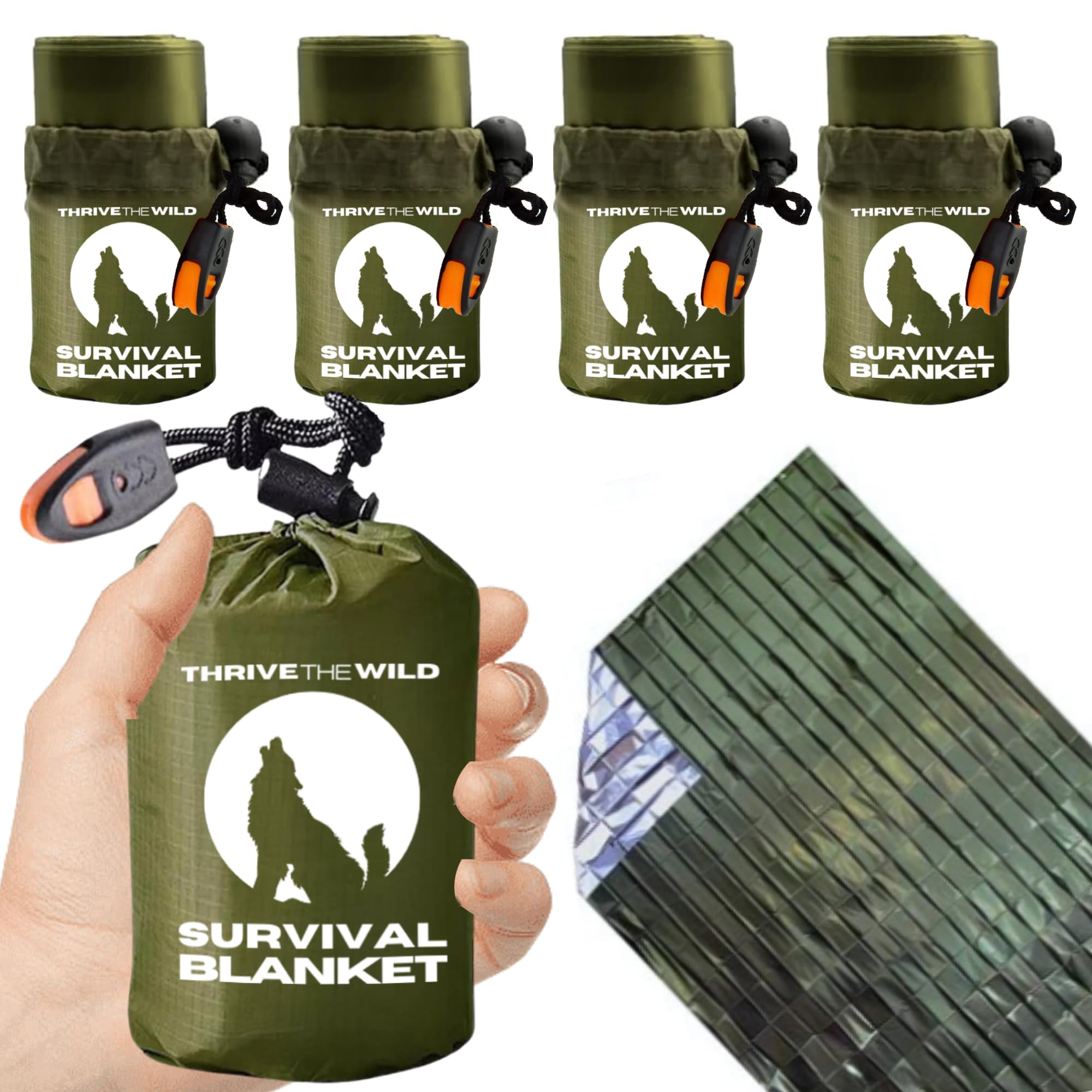 Thrive The Wild Next-Gen 4-Pack Ultra-Durable Emergency Blankets - Extra-Thick, Waterproof Mylar with Whistles, Storage Pouches - Ideal for Camping,
