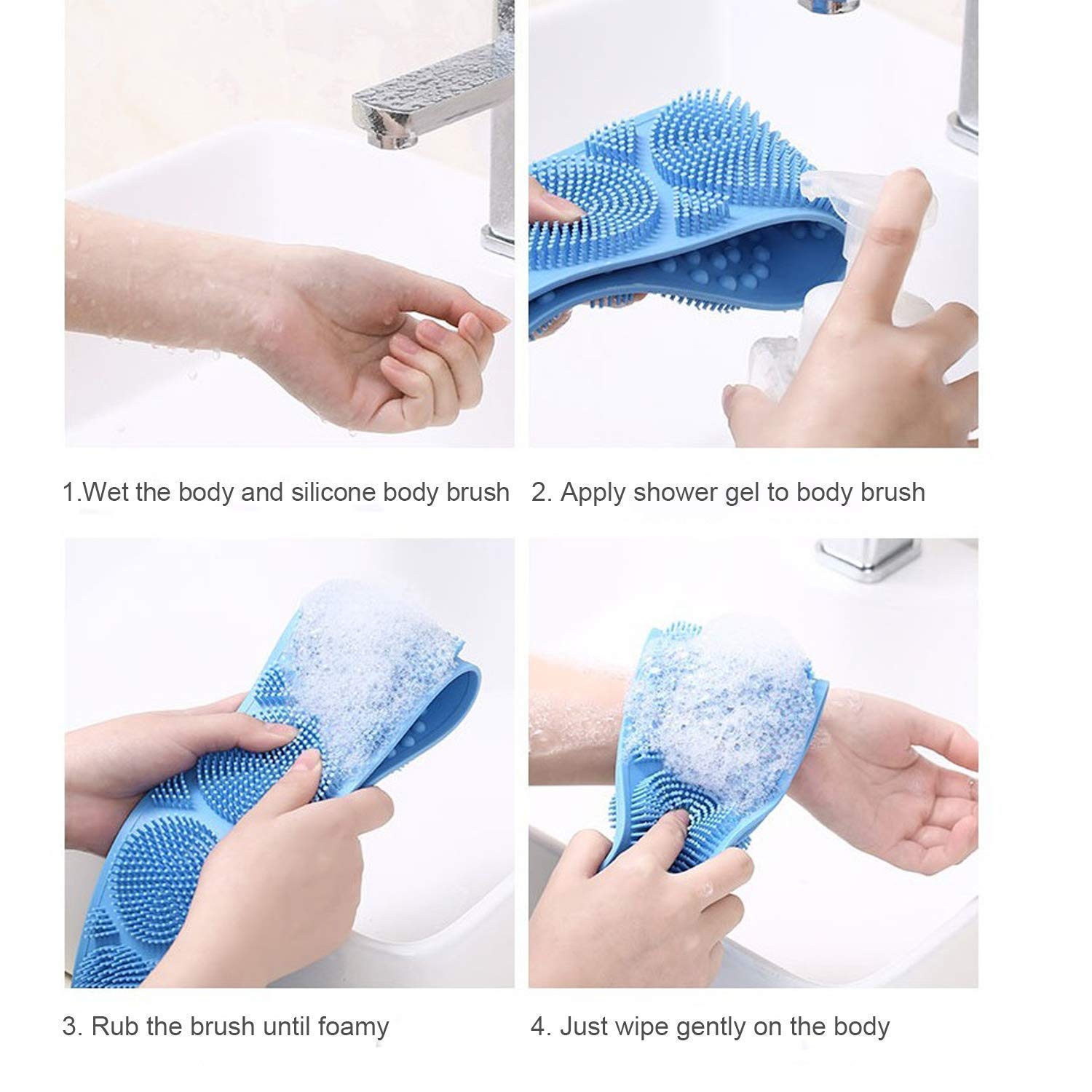 JUZR Silicone Back Scrubber for Shower, JUZR 35.4 inch Bath Body Brush, Double Side Spa Massage Exfoliating Back Brush Belt Scrubbing Pad - Multi 1