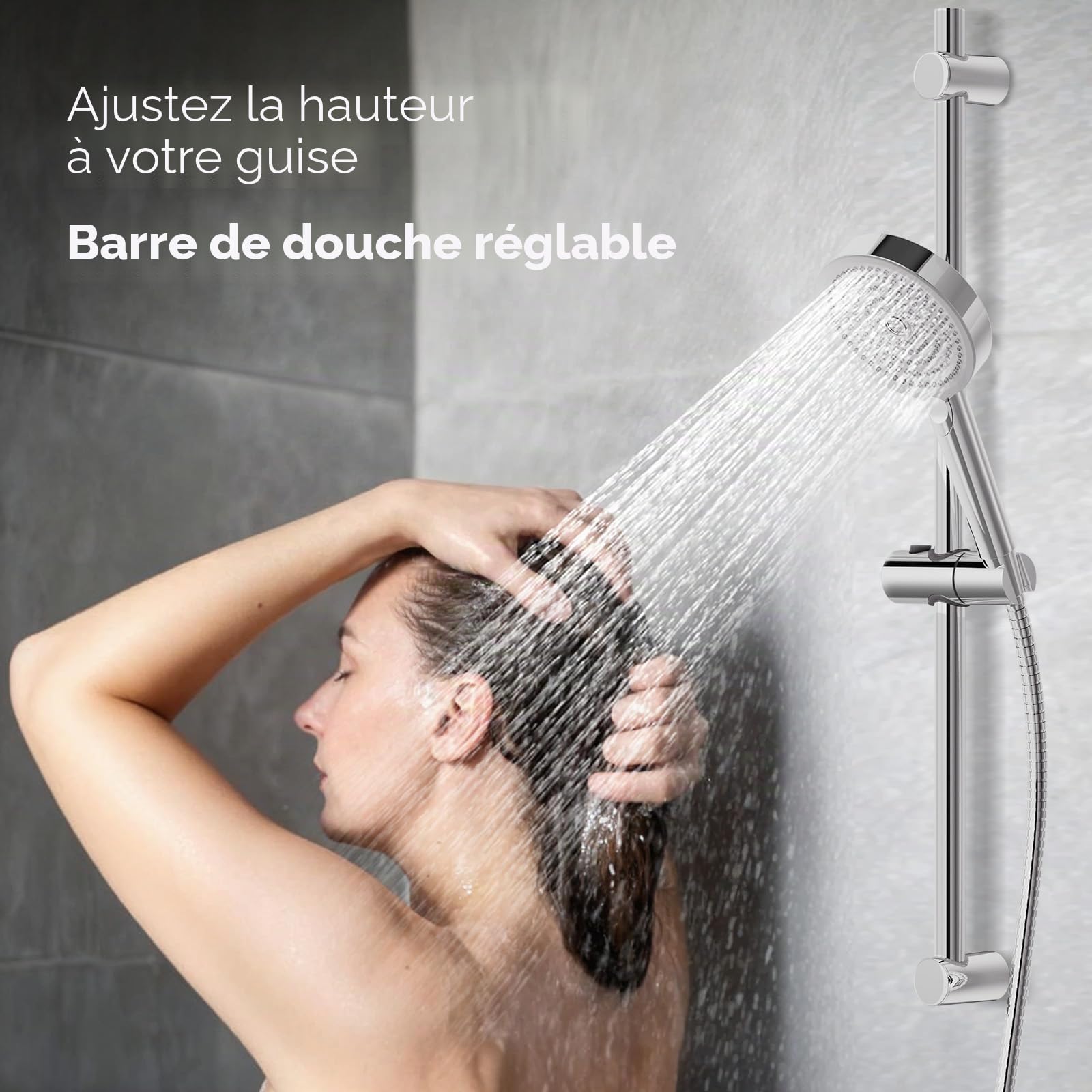 Auralum Barre de Douche 70 cm Inox Argent Support Douchette Réglable 360°Pivotant Fixation Murale par Perçage, Compatible Ø22 mm Universel
