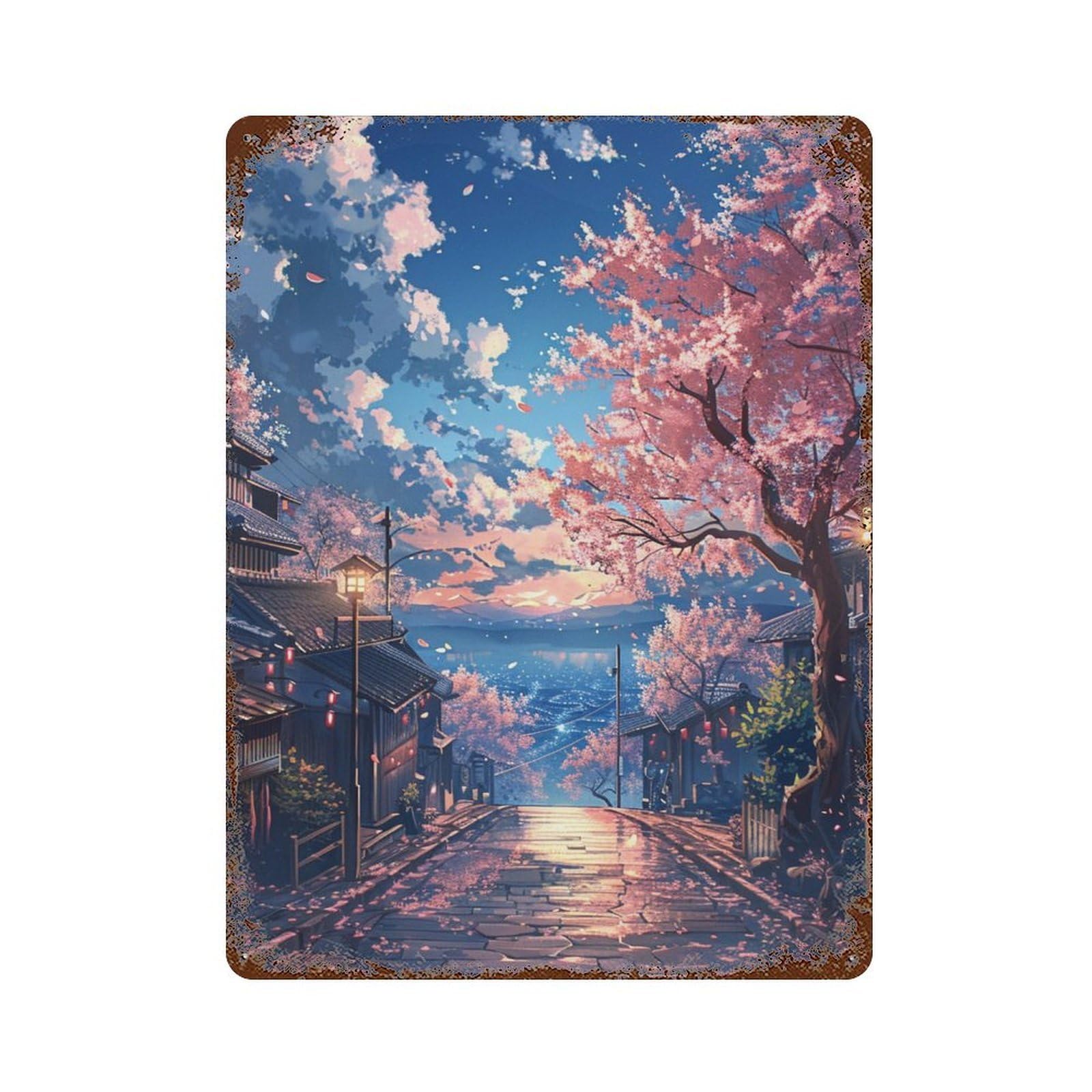Garage Style Cherry Blossom Pathway Scene Vintage Metal Tin Sign 15.7"x11.8", Classic Wall Plaque for Bar And Workshop