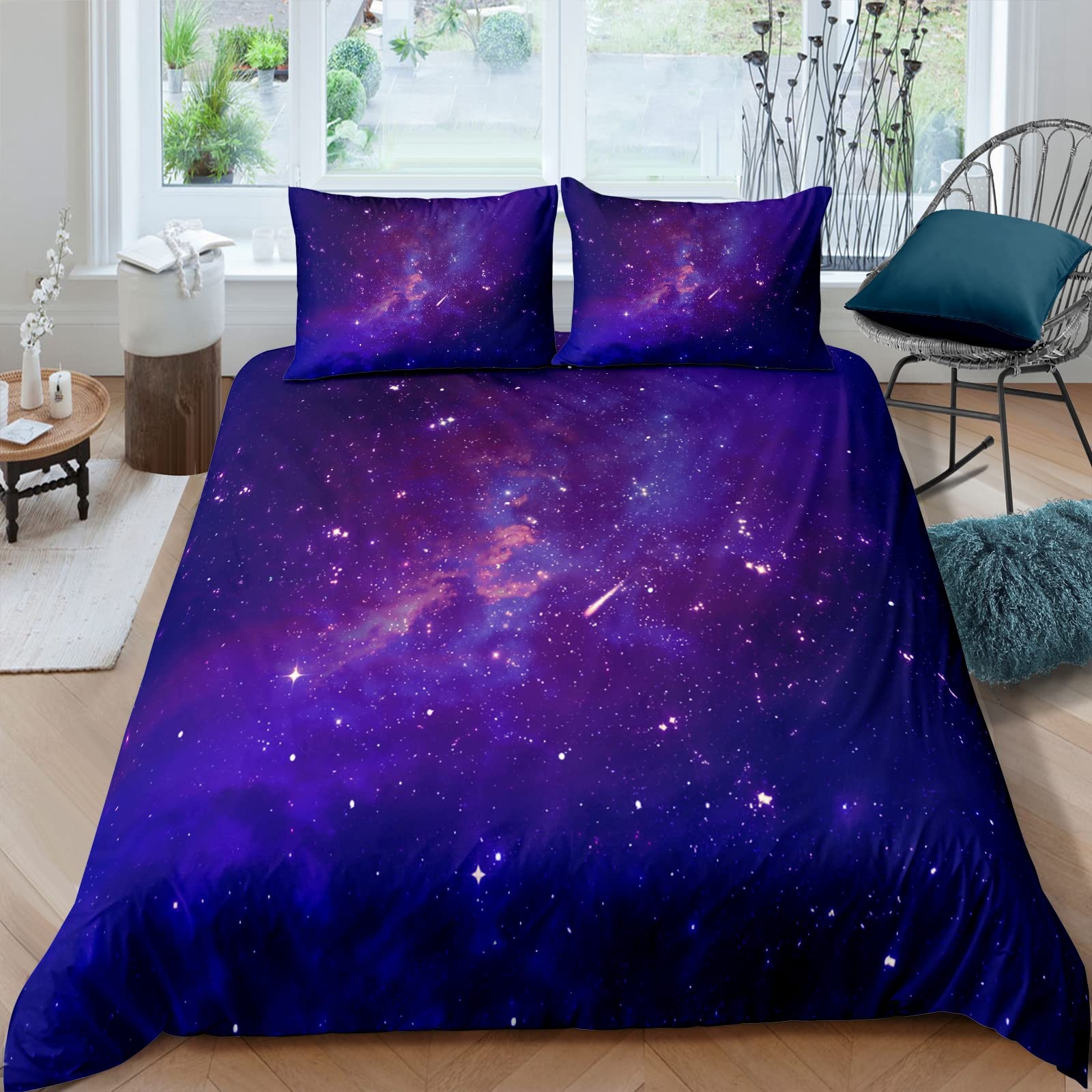 Lunoroey Galaxy Duvet Cover Set Single for Girls Boys Kids Starry Sky Bedding Set Purple Comforter Cover with 1 Pillow Shams Zipper Ultra Soft Microfiber Stars Bedspread Cover โ image 1