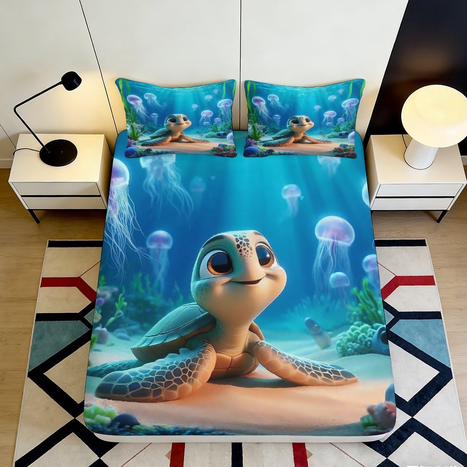 3D Printed Ocean Turtle Fitted Sheet Microfiber Soft Blue Sea Jellyfish Mattress Cover for Bedroom Guest Room Decor 90x200x25cm