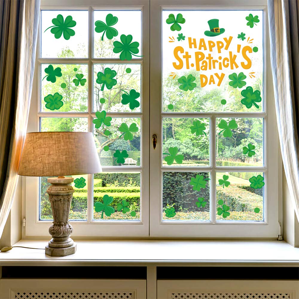 WEEPA 46PCS St. Patrick's Day Four Leaf Clover Window Sticker Decorations, Irish Shamrock Happy St. Patrick's Day Party Window Clings