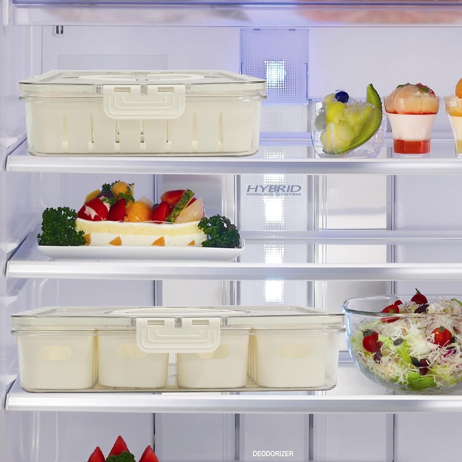 YFXOHAR Fridge Storage Box With Lid&Handle|4 Compartments Fridge Organizer Divider Draining Crisper Containers Keeps Fruits,Vagetables,Meats|Airtight Container Box (Acrylic),Off-White 2