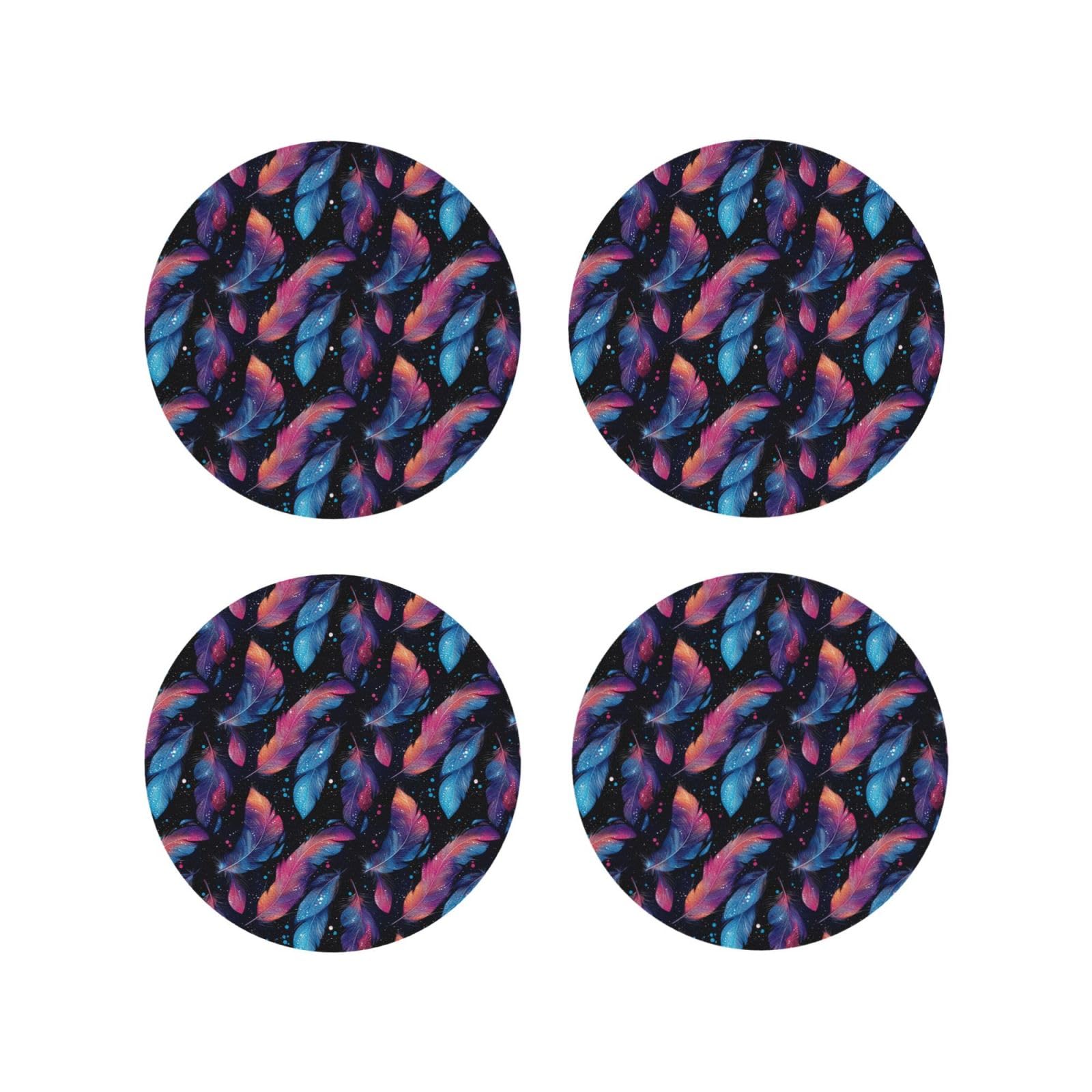 Smazdfxx Women's As Pic Leather Coasters Set Of 4 - Pink Blue Feathers Print Lightweight Drink Coasters For Desk
