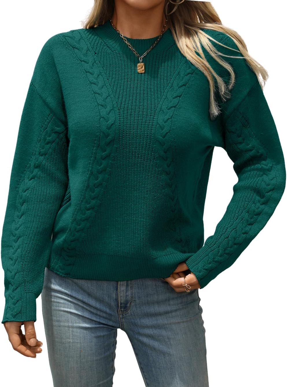 Drop Shoulder Pullover Long Sleeve Cable Knit Sweater for Women, Dark Green, Medium