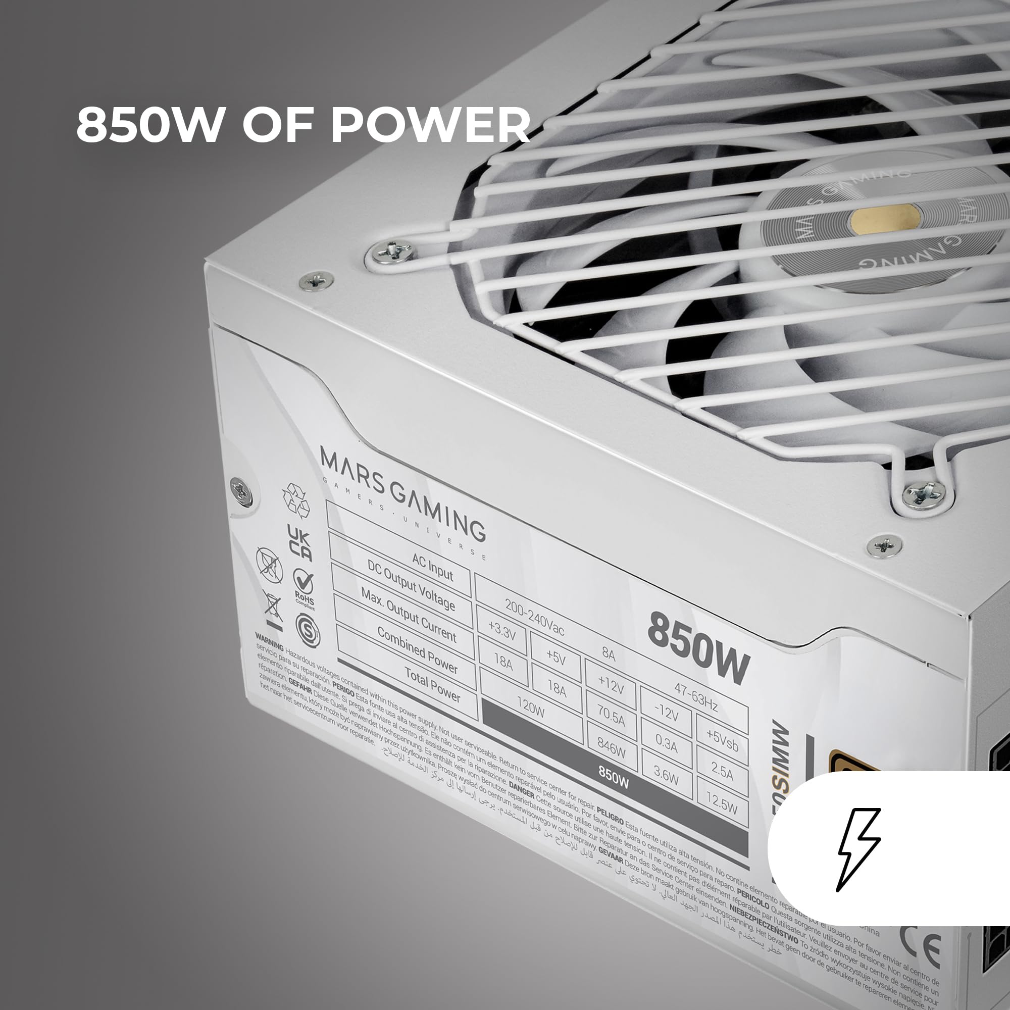 MARS GAMING MPB850SIM, Alimentatore ATX Full Modulare 850W, Garanzia 7 Anni, 80Plus Bronze 230V EU, 90% di Efficienza, Ventola SI Extreme Silence 140mm, Tecnologie AI2-RPM, DC-DC e SMD, Bianco