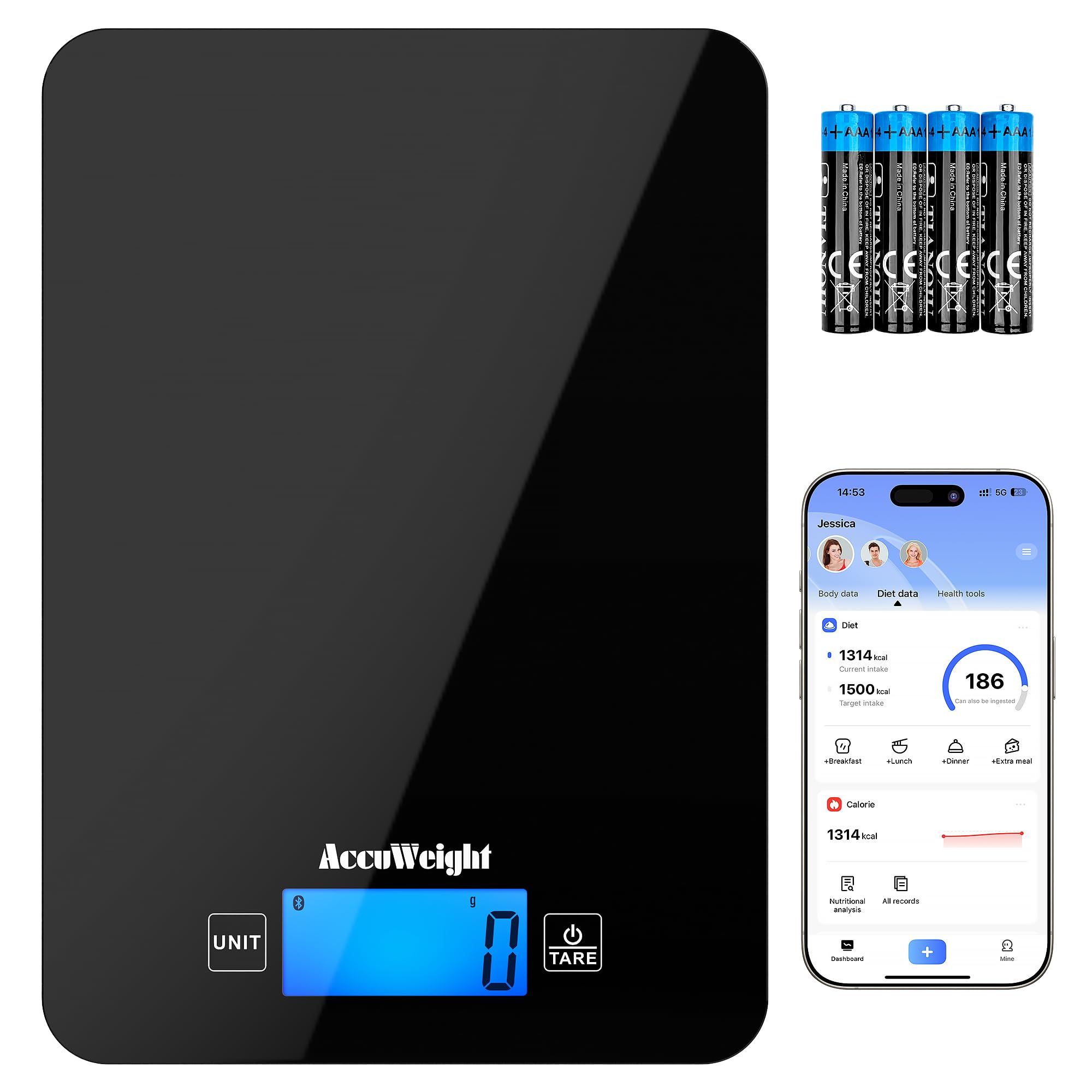 ACCUWEIGHT ACCUWEIGHT CK780 Bluetooth Kitchen Scales with Nutrition Calculator (Batteries included), Smart Food Scale with Backlit LCD, Food Scales Calorie Counting for Cooking or Weight Loss, 5kg/11lb
