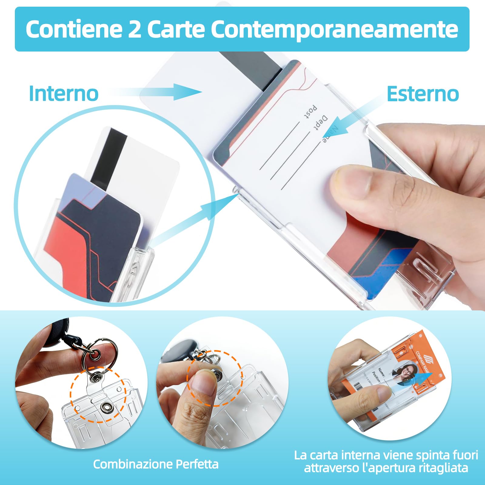 Porta Badge con Portachiavi Retrattile 3 Pezzi, Plastica PC Extra Spesso Trasparente