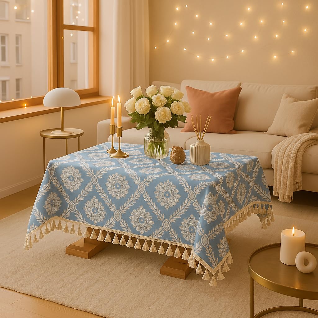 WWW.THROWPILLOW.IN Powder Blue Floral Tassel Boho Printed Dining Table Cover Rectangle Shape 52"x108", Anti Skid Table Cloth for 7 Feet Center Coffee Table Cover|Living Room Diwali Decor-image-11