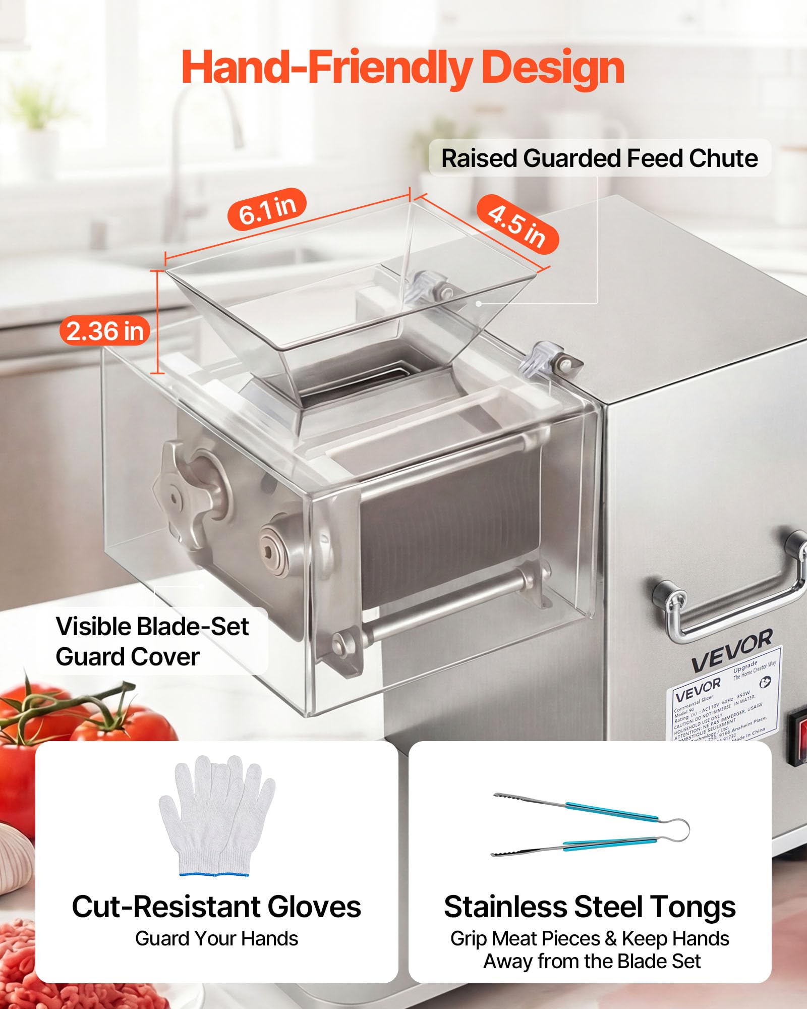 VEVOR 850W Professional Electric Meat Slicer with 5mm Stainless Steel Sharp Blade for Fresh Boneless Meat and Soft Vegetables Kitchen Restaurant Deli