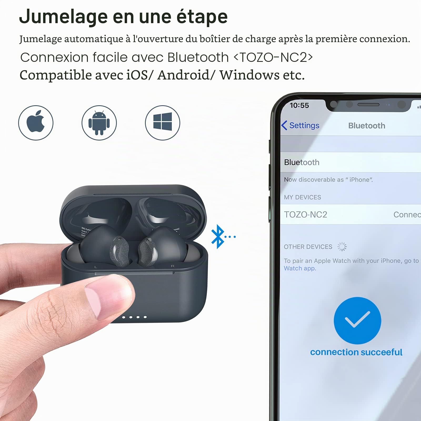 TOZO NC2 Ecouteurs Bluetooth sans Fil, Casque Bluetooth sans Fil avec Active Hybride à Multi-Mode, Mode Transparence, Graves Musclés, 42H Autonomie, Casque Audio Immersif Premium Deep Bass, Bleu