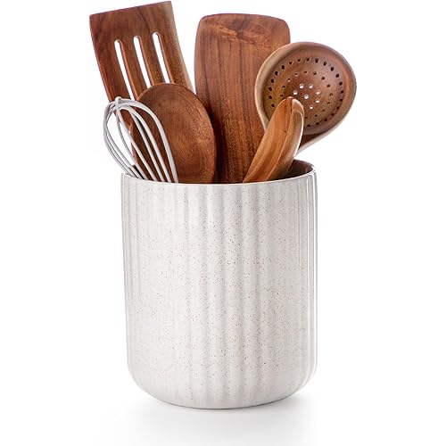 Nucookery Ceramic Utensil Holder for Countertop, 7.2" Large Cooking Utensil Crocks for Kitchen Counter, Farmhouse Kitchen Decor (Sand)