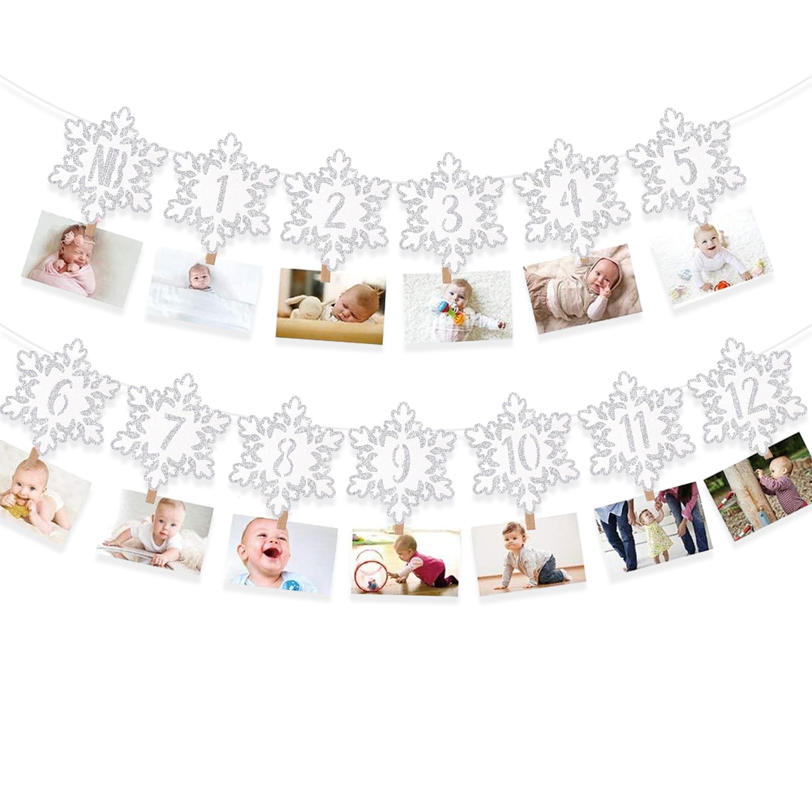 Winter Snowflake 12 Month Photo Banner - First Birthday Onederland Party Decorations