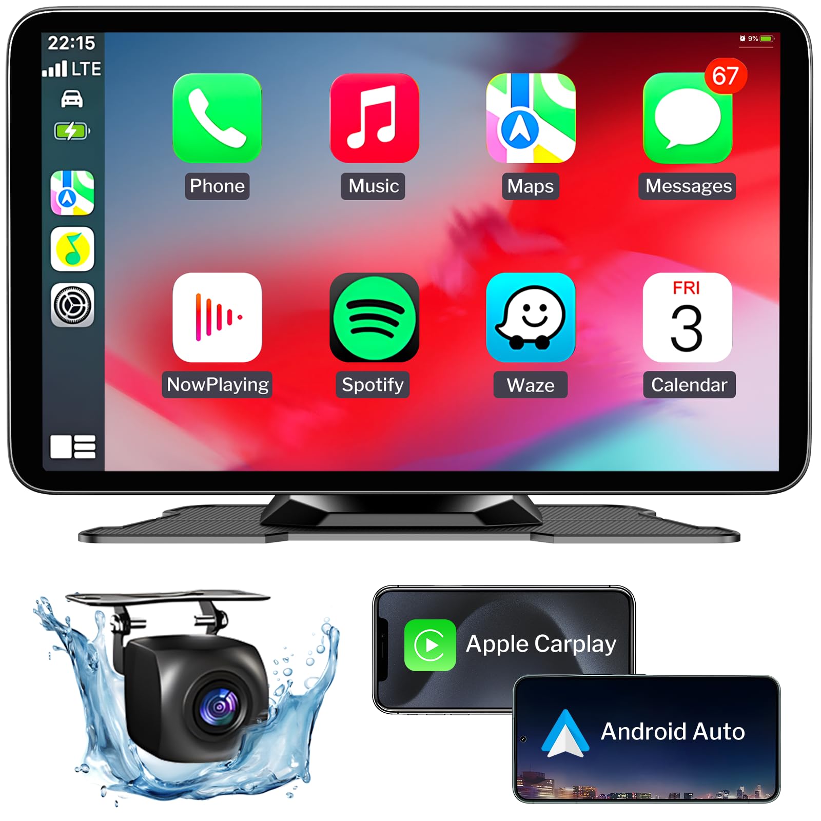 Wireless CarPlay Screen 7 Inch, Portable Apple CarPlay & Android Auto Display with Backup Camera, HD Touchscreen, Voice Control, Plug and Play, GPS Navigation, Mirror Link, AUX/FM, Black - 1