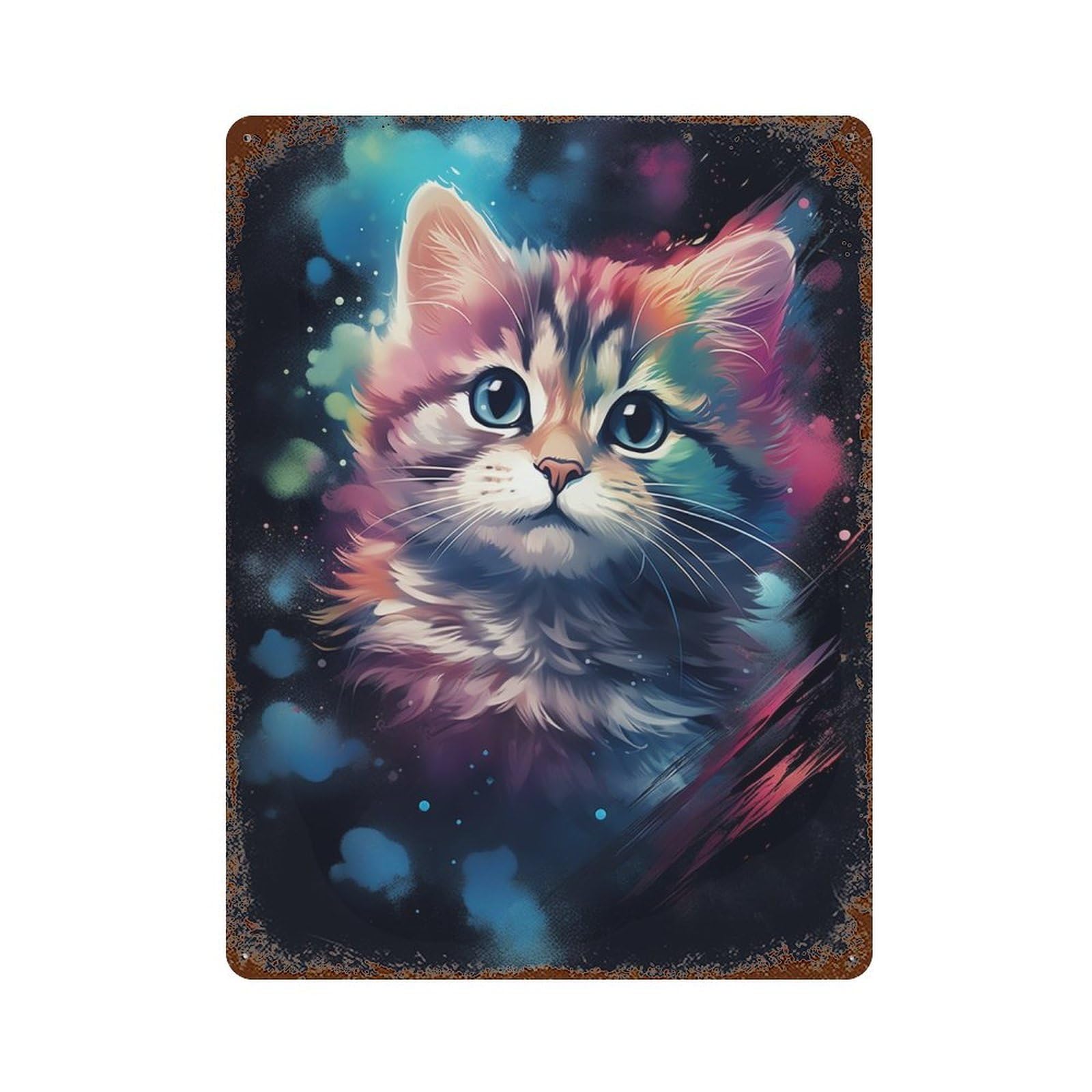 Colorful Kitten Painting Artwork Decorative Tin Sign 15.7"x11.8", Vintage Wall Decor for Basement, Hobby Room And Garage Decor