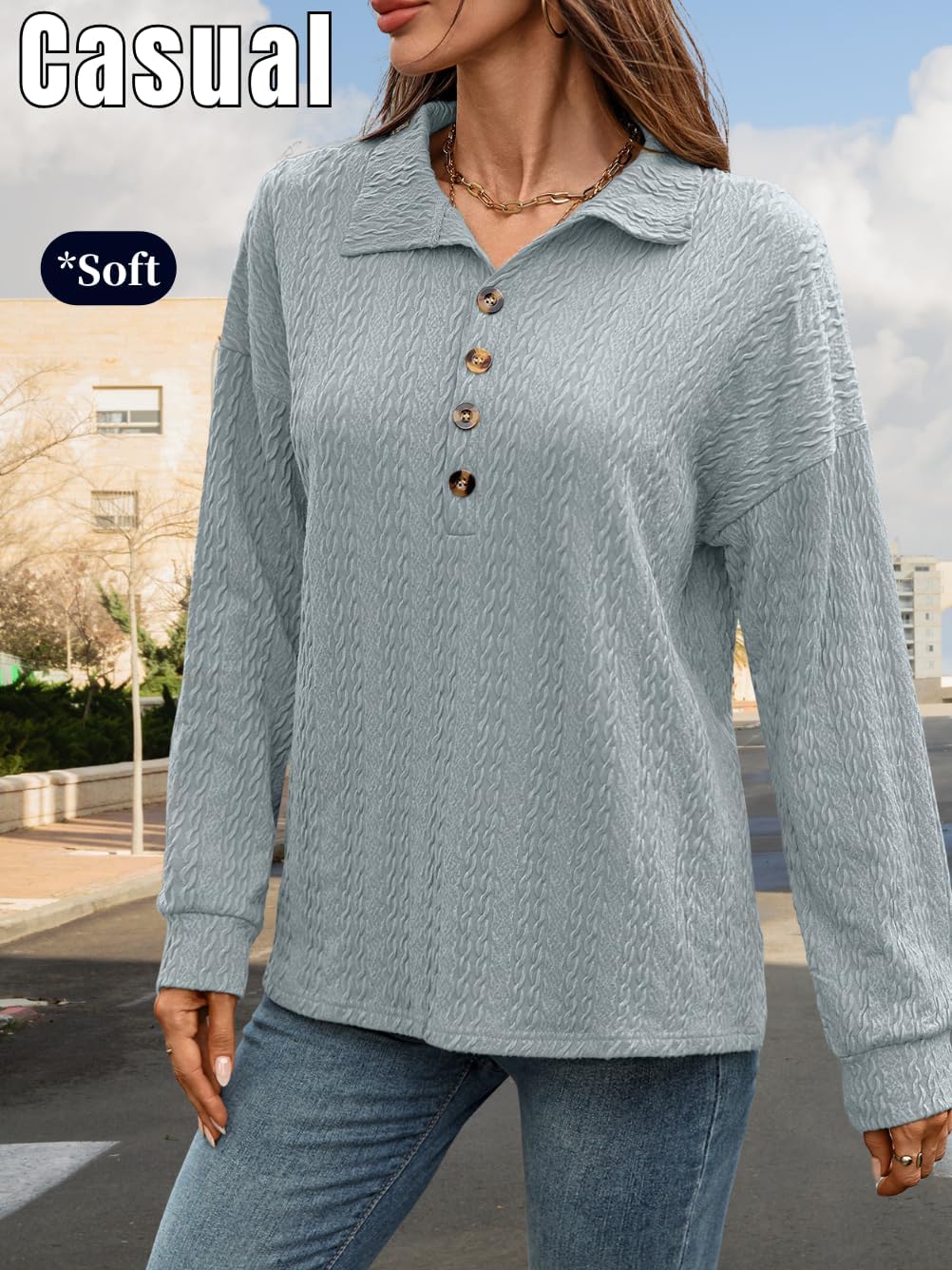 Textured Knit Tops,Button Down Oversized Tunic Shirts for Women,Casual Fall Work from Home Outfits - Image 2