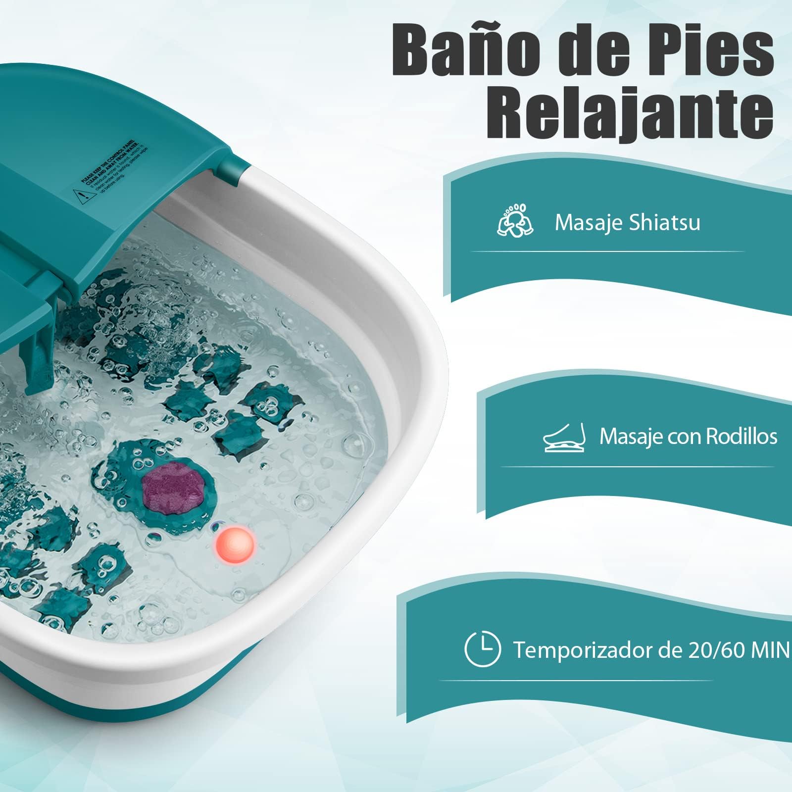 COSTWAY Masajeador Plegable para Pies con Calentamiento, Cubeta Pediluvio con Mando, Masaje con Burbujas, Masaje con Rodillo, Caja, Piedra Pómez y 3 Temperaturas Regulables (turquesa)