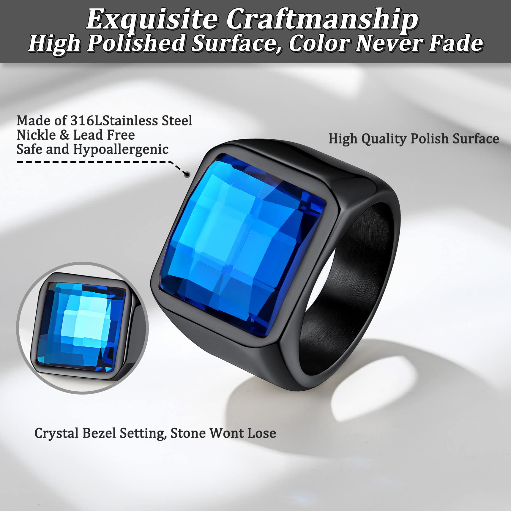 Bestyle Anillo Hombre Grande Anillos de Sello Cuadrado 15mm Ancho Anillo con Piedra Negro/Azul Anillos Acero Inoxidable Personalizados Anillos Hombre Tamaño 14.5-32.5