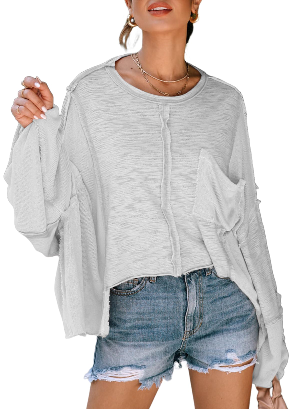 Women's Exposed Seam Chest Pocket Loose Sleeve Oversized Tunic Top Casual Solid Patchwork Long Sleeve Blouse Small Z White