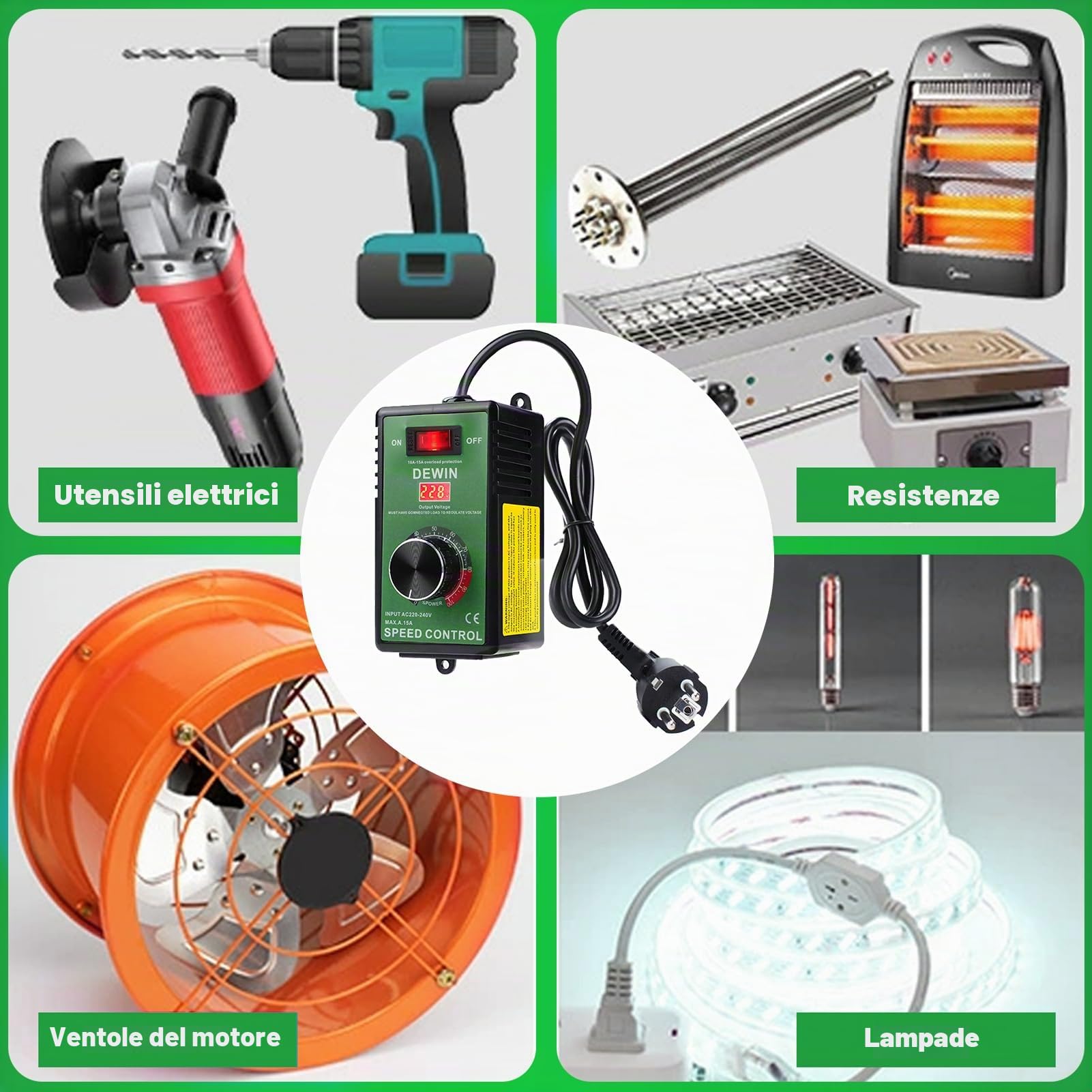 DEWIN Regolatore di velocità 220V 15A 4000W Regolatore Velocita Trapano Regolatore di Tensione Dimmer Utilizzo per Smerigliatrice Angolare/Soffiatore Trapano a Mano