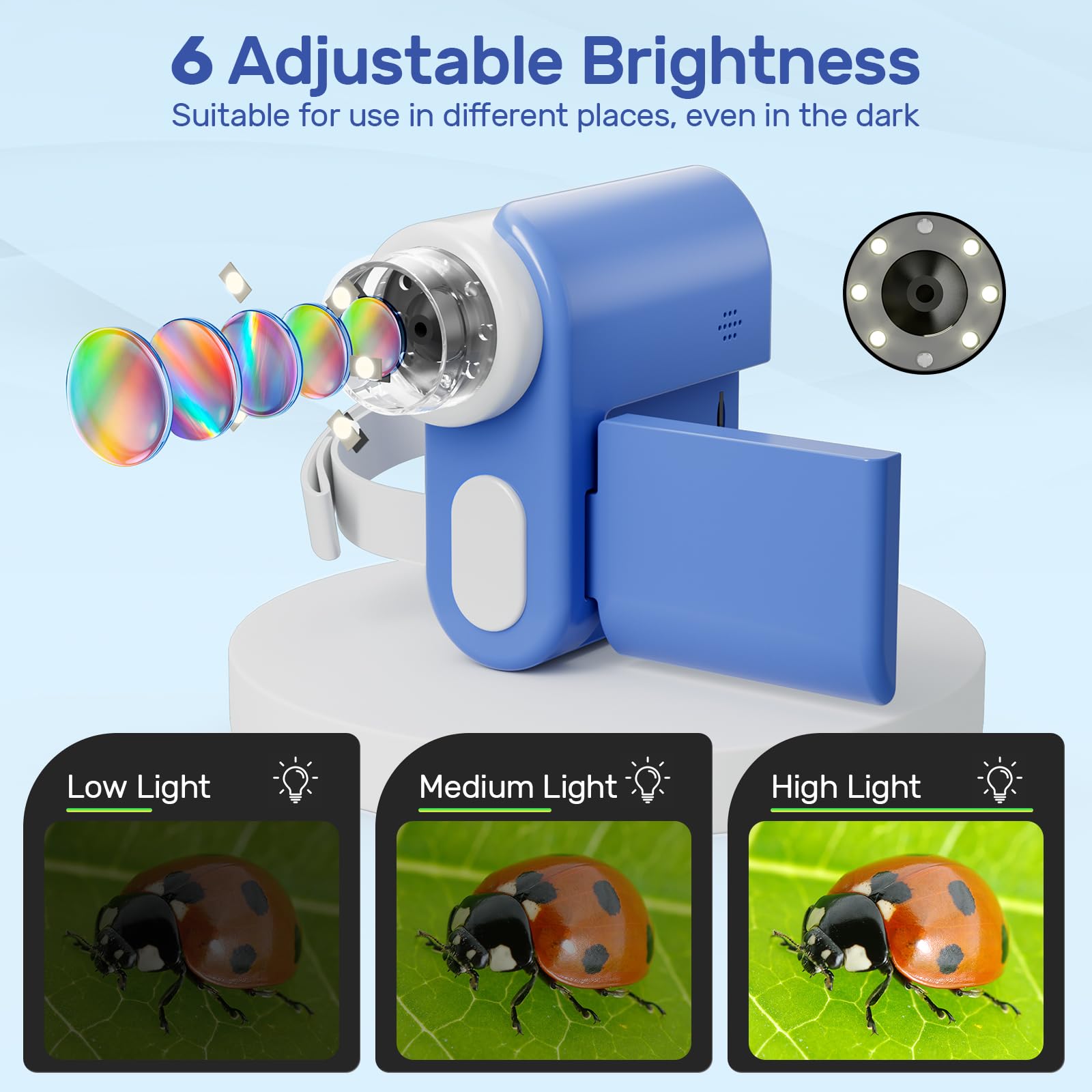 USCAMEL Digital Microscopio para Niños Portatil: 1000X Magnificación Pantalla 2.0" Microscopio Portatil Recargable - 6 Láminas Educativas Niños 5-12 Años - Jardín Casa Escuela - Regalo Chicos (Azul)