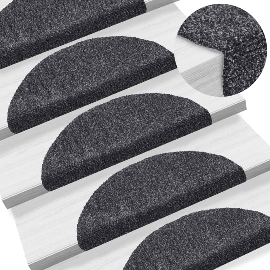 15er Set Stufenmatten Selbstklebend 56x17x3 cm Dunkelgrau Halbrund - rutschfeste Treppenmatten aus Nadelvlies für Innen - Treppenschoner mit Kantenschutz und Trittschalldämmung