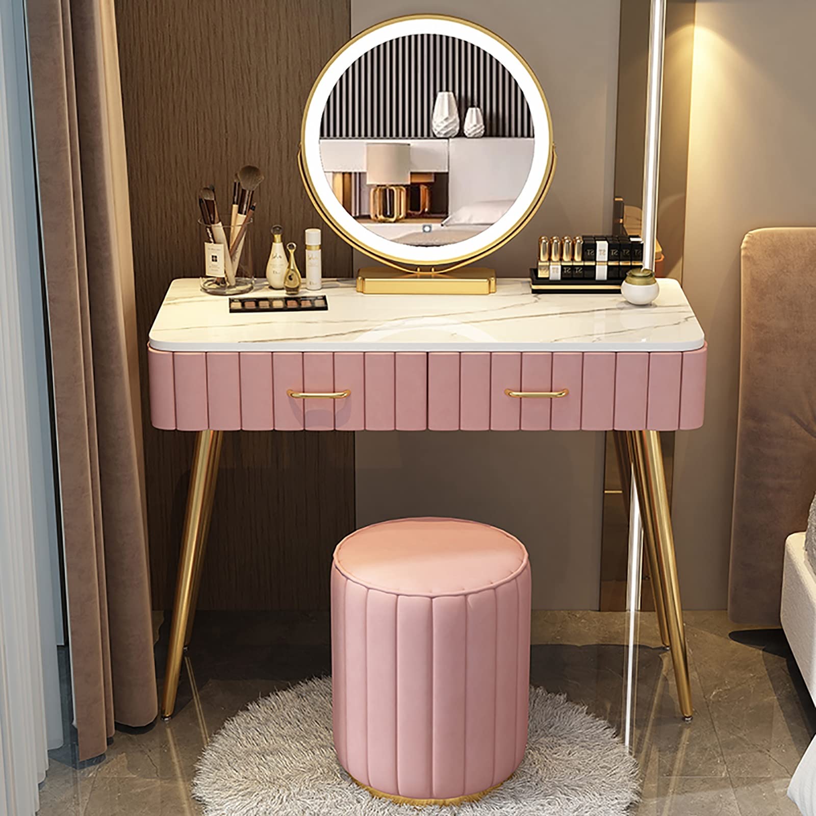 CGCSYZ Vanity Set with Lighted Mirror, Padded Stool, Divider, Grey Chair, Perfect for Women's Room, 100 cm Makeup Table, Elegant Dressing Table Furniture (Pink Chair a 100cm/39.4in)