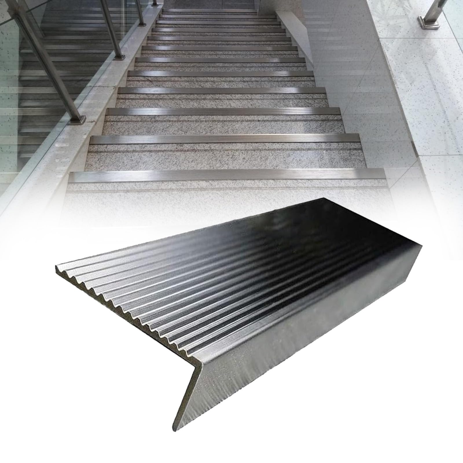 Perfil metálico Plateado para Bordes de escaleras. Tamaño Personalizado. Protectforma de L. Longitudes de 100 a 170 cm. Ideal para Uso Comercial/residencial. Tiras de moldura para escalones.