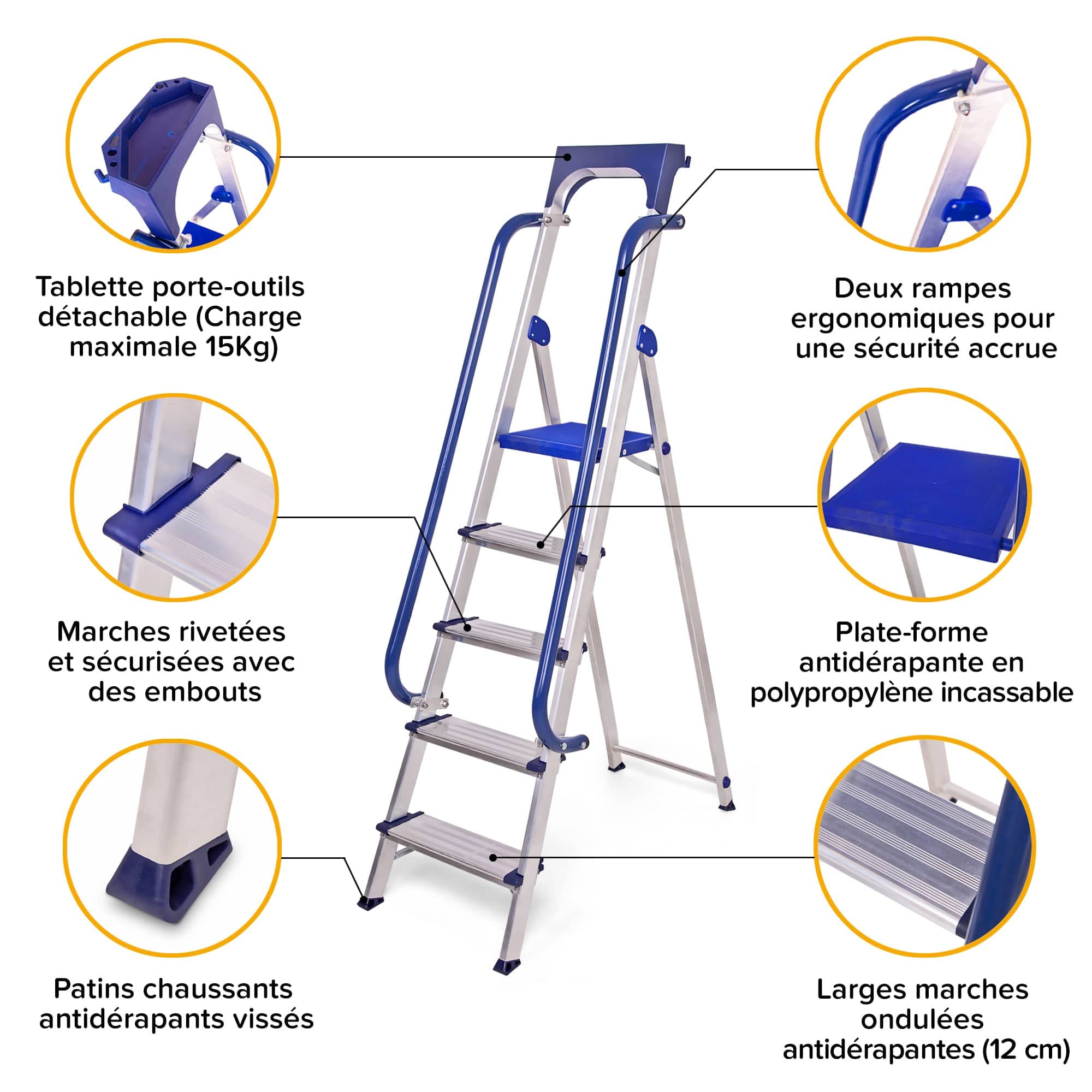 HOSTRÖM Escabeau 5 marches Secure Pro, Aluminium renforcé, sécurisé avec rampes, Tablette Porte-Outils, Hauteur Plateforme 112cm, Garantie 5ans