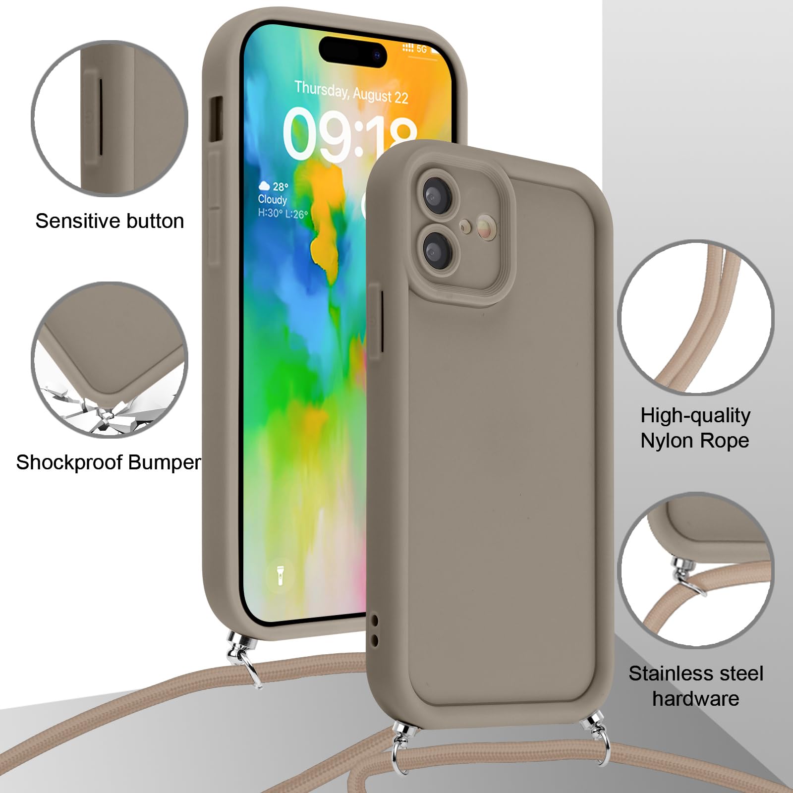 Coque IPhone 17 Pro Max Avec Cordon De Cou Réglable - Silicone Souple TPU Anti-choc - Protection Caméra Surélevée