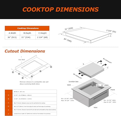 Miniatura 6 de 36 Inch Induction Cooktop 5 Burners, Flat Glass Top Electric Stove Hob with Bridge-SYNC, 3 Preset Modes Booster, Timer, Pause, Child Lock, Drop in,