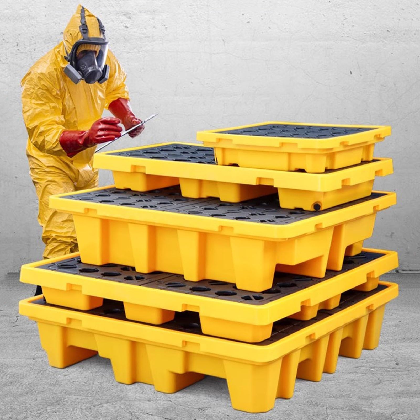 Bac de rétention des déversements empilable pour fûts - Plateforme de stockage de produits chimiques étanche, idéale pour la gestion des déchets, noir et jaune, 66 x 66 x 15 cm - Solution sû