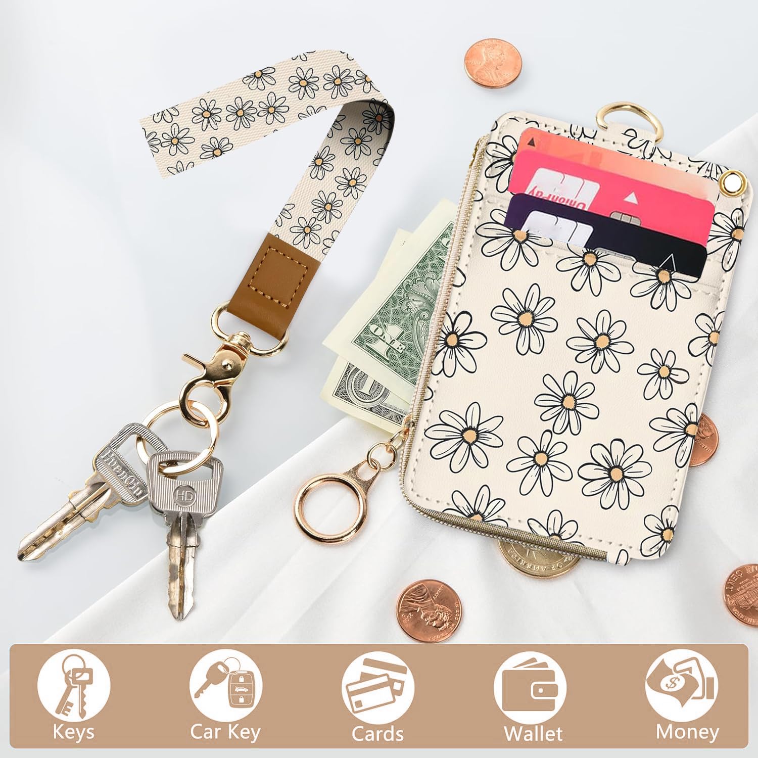 Bolimoss Daisy Lanyard for ID Badges Keys, 2-in-1, Cute Floral Pattern, ID Badge Holder, Wallet, PU Leather, Card, Name Tag, Protection - Image 2