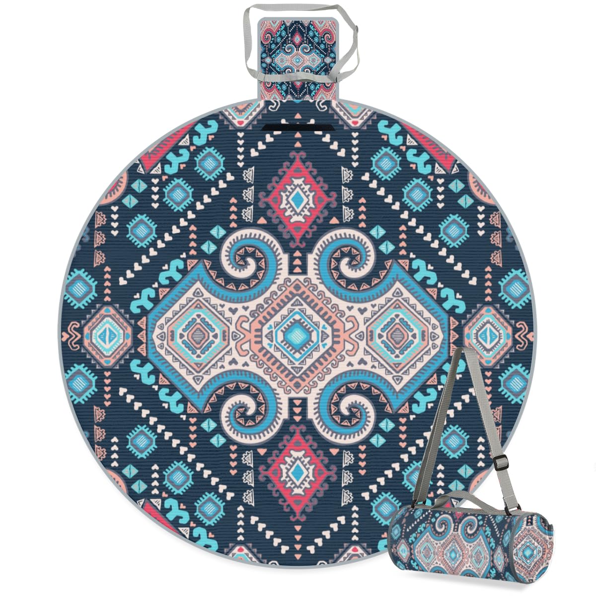 Shimoshe Colorful Bohemian Flower Pattern Picnic Outdoor Blanket Foldable Waterproof Sandproof Beach Blanket Portable Water-Resistant Round Picnic Mat for Travel Camping Park Lawn