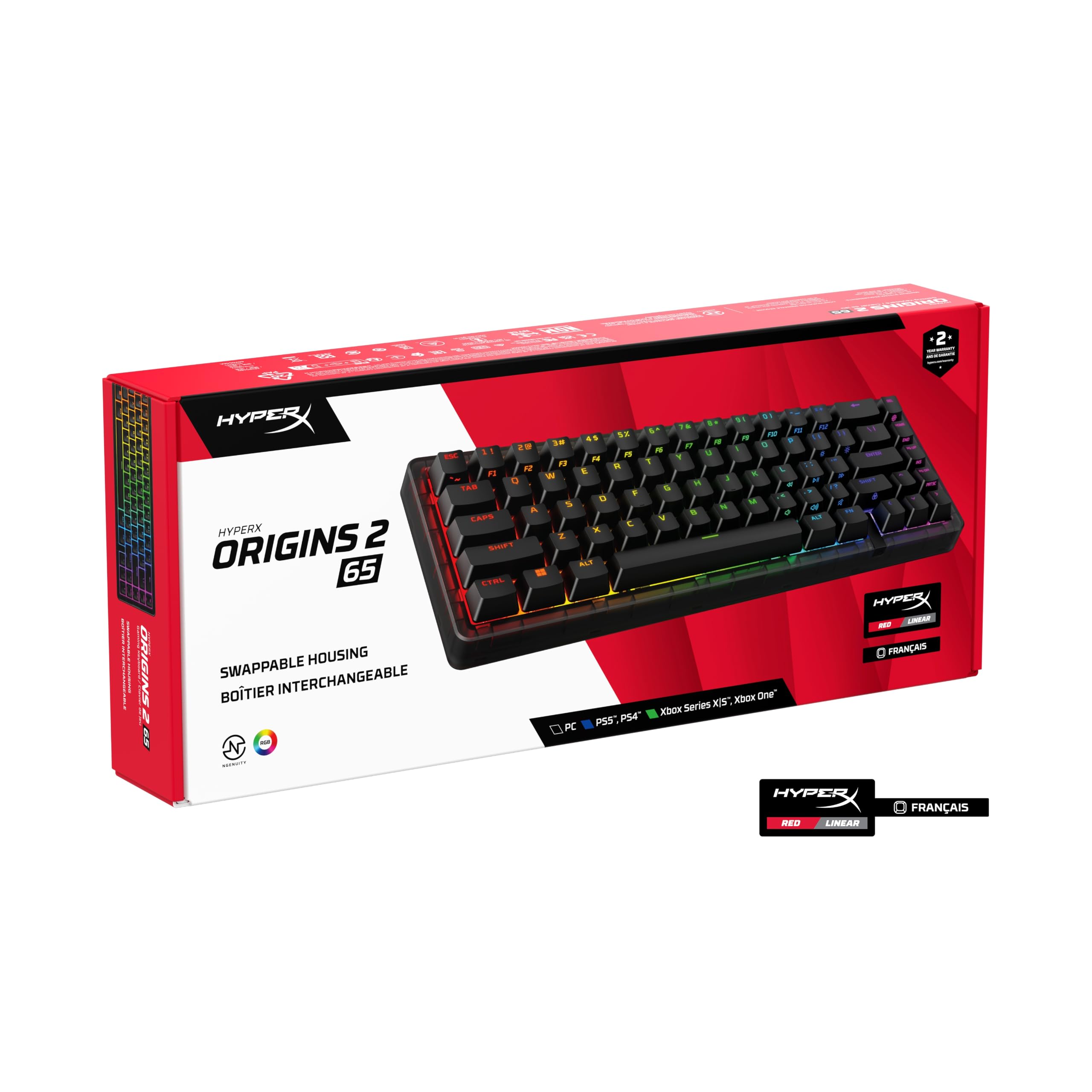 HyperX Origins 2 65, Clavier Gaming mécanique AZERTY FR, switches échangeables à Chaud, boîtier Personnalisable, Format Compact, Polling Rate 8000 Hz, RGB Personnalisable, PC/PS5/Xbox, Noir