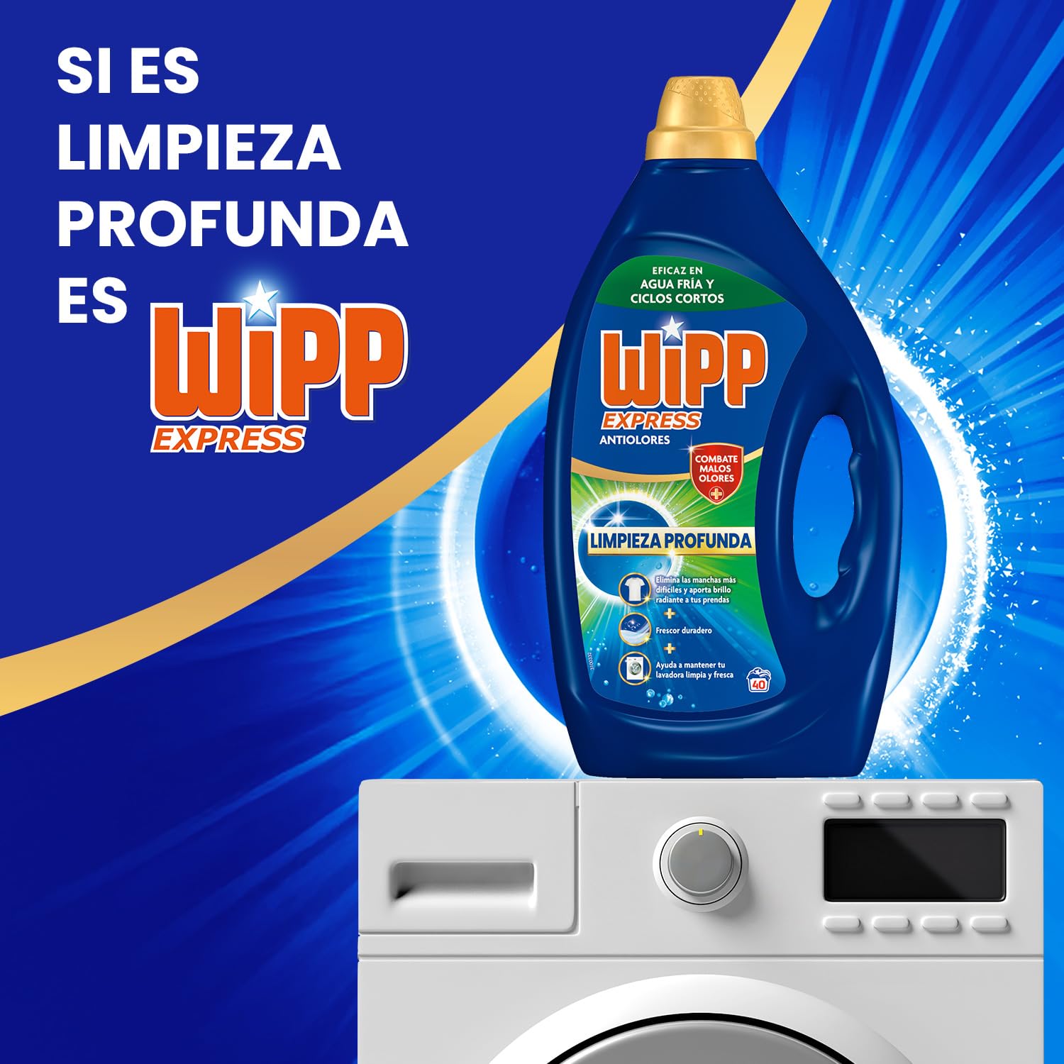Wipp Express Limpieza Profunda Higiene & Antiolores (40X4) detergente lavadora líquido que combate malos olores, detergente quitamanchas ropa apto para agua fría