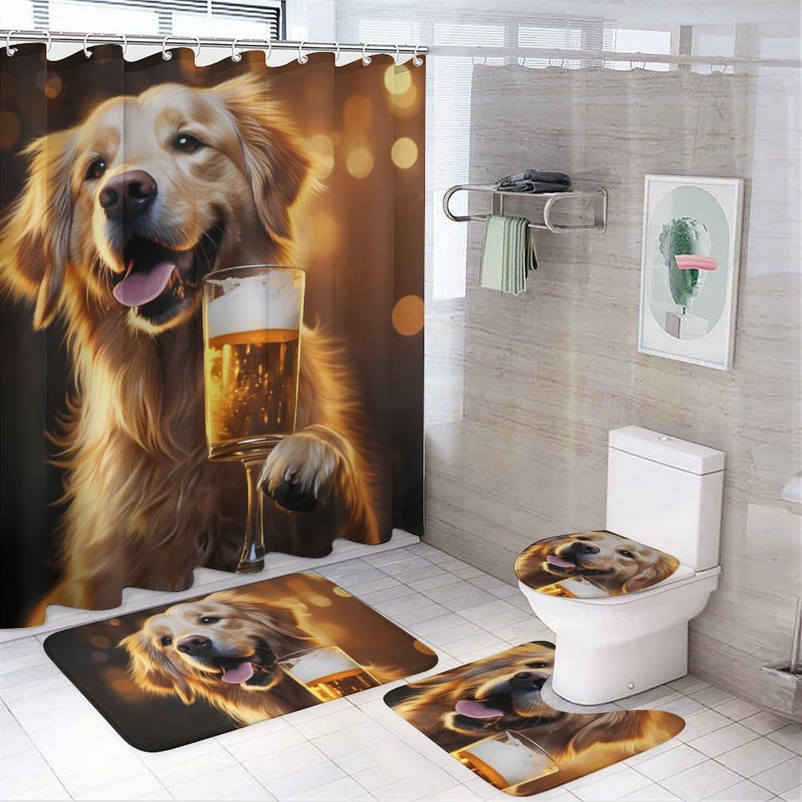 CGSBNGHA Gold Retriever Dog And Beer Shower Curtain Set 4 Piece Bathroom Sets with Rugs Toilet Lid Cover And U-Shaped Floor Mat