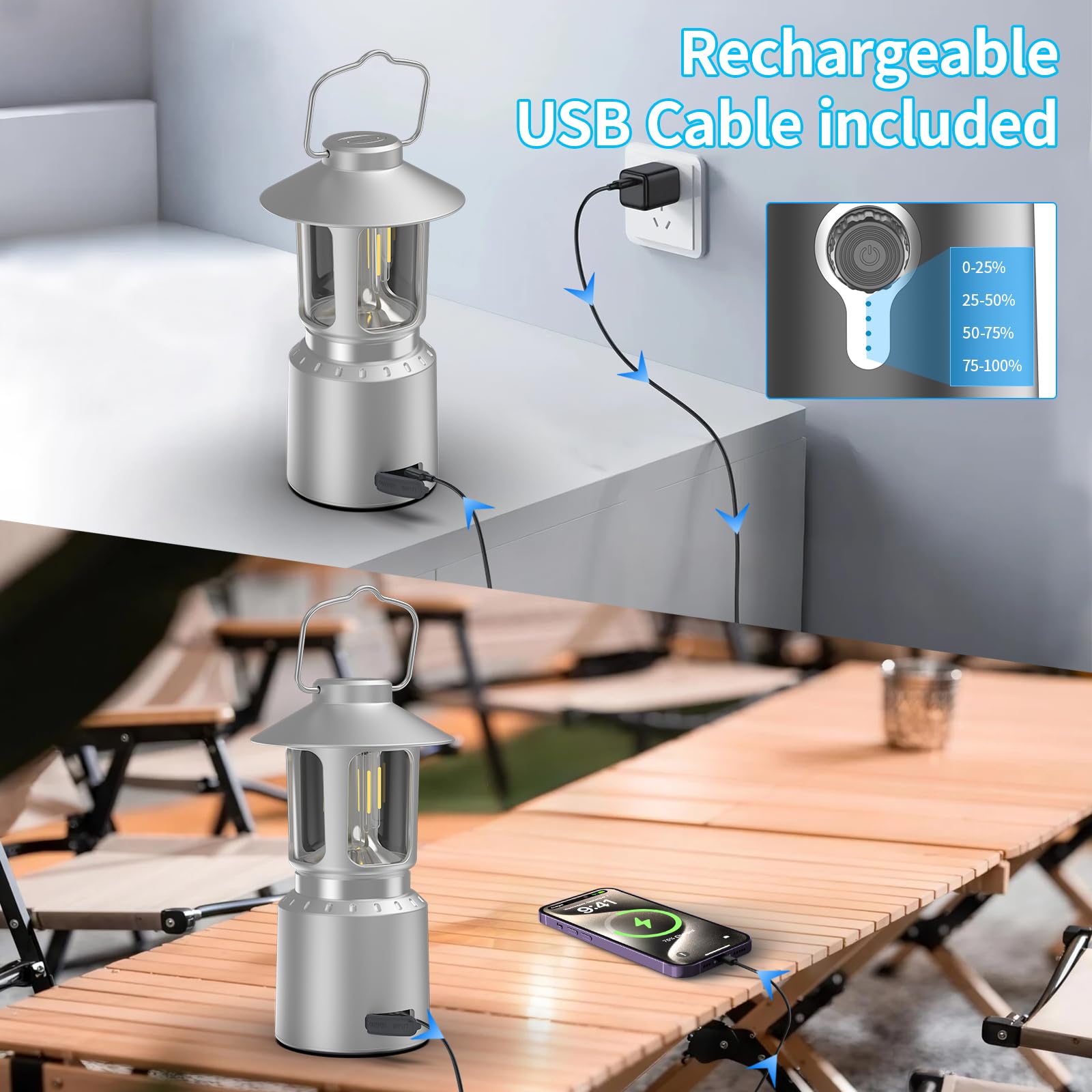 Linterna LED clásica retro para camping, linterna vintage recargable de atenuación continua, 3 modos de luz (2000 K-6500 K), banco de energía de 8000 mAh, luz colgante brillante para