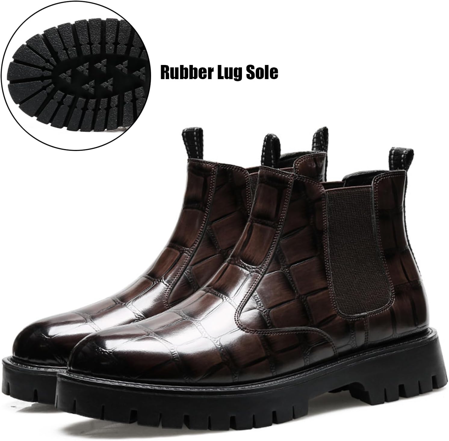 Men's Classic Leather Printed Platform Chunky Block heel Chelsea Boots Fashion Elastic Round Toe High Top Lug Sole Anti-Slip Pull On Formal Dress Ankle Booties For Business Dating Vocation Daily - Image 5