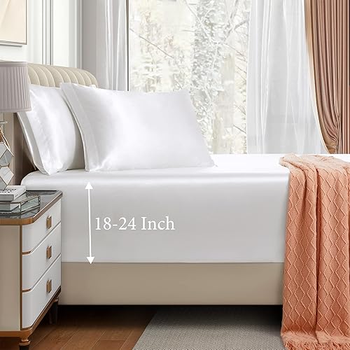 Juego de sábanas bajeras de satén de 3 piezas, tamaño matrimonial, color blanco marfil, para colchón de bolsillo profundo de 18 a 24 pulgadas, juego